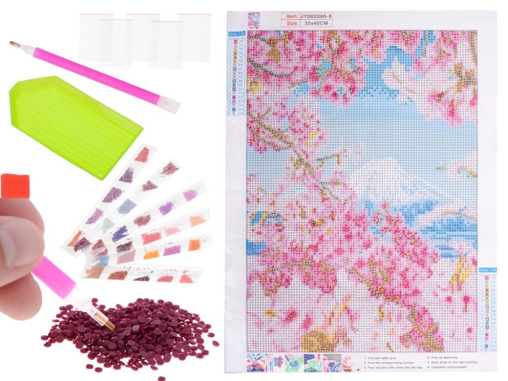 Ikonka Malen nach Zahlen Diamant Malerei Kirschblüten mit Berg 30x40cm - DIY Malen nach Zahlen (5d Diamond Painting DIY Set, 5d Diamond Painting Komplett Set), Kreativität fördern, Stress abbauen, einzigartige Dekoration