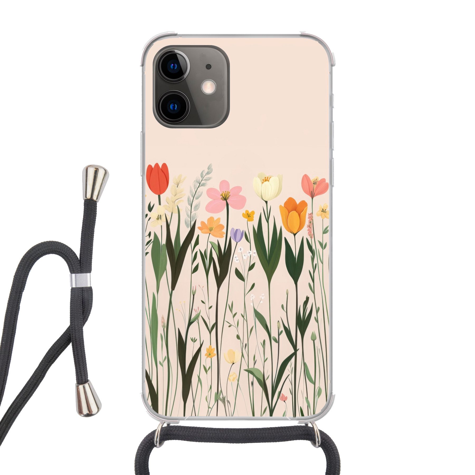 MuchoWow Handyhülle für Apple iPhone 11 Pastelltöne - Blumen - Illustration, Tragbare Handyhüllen mit Kette zum umhängen, Handykette Handyband