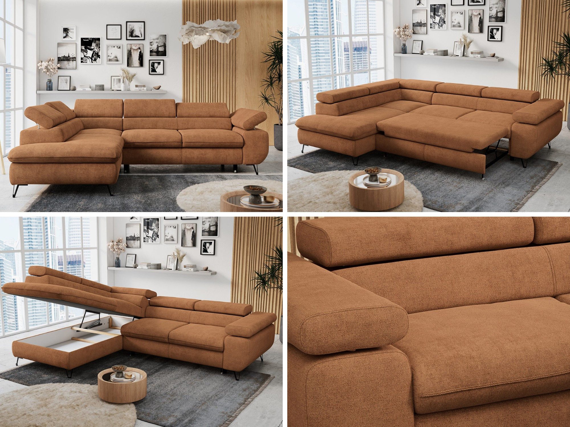 MKS MÖBEL Ecksofa PETER L, Set, Ecksofa L-form, HR35-Schaum, Wellenfederkern, Bettfunktion, Einstellbare Kopfstützen, Bettkasten