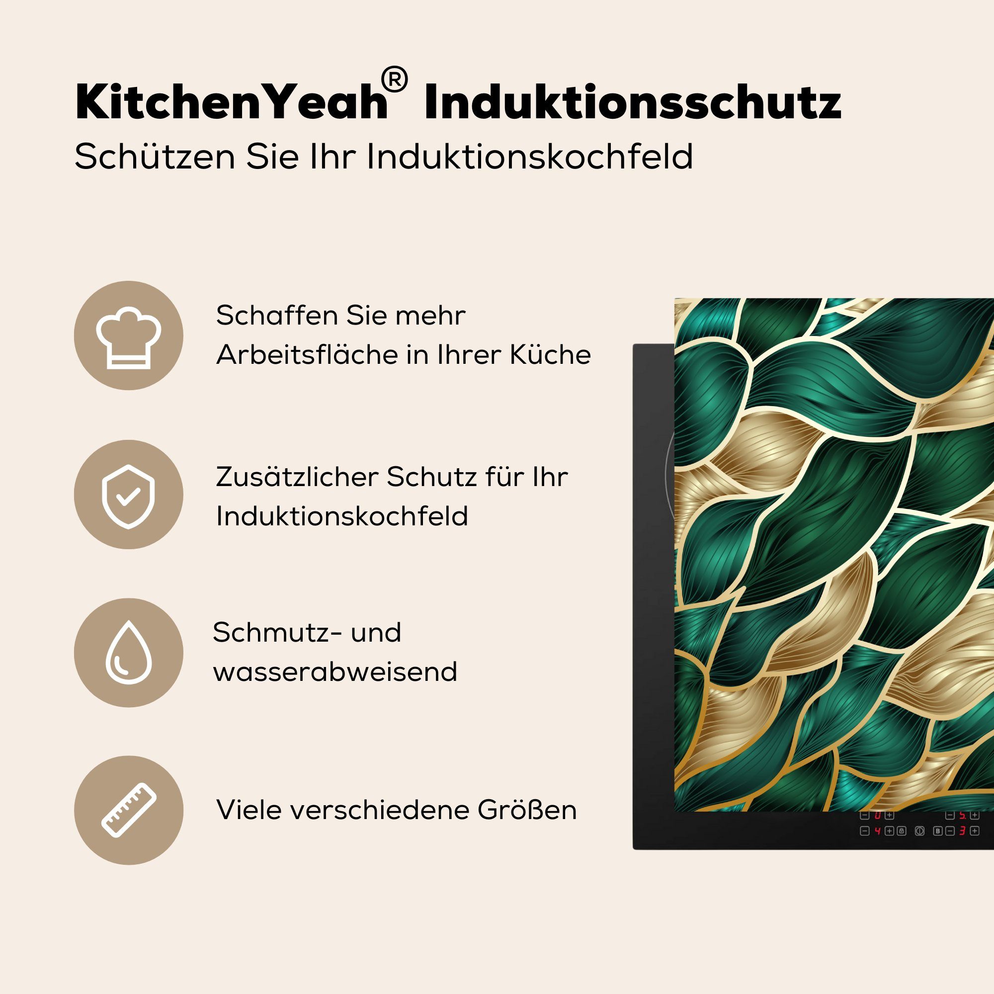 MuchoWow Herdblende-/Abdeckplatte Abstrakter tlg), mit Ceranfeldabdeckung, und 78x78 Vinyl, küche cm, Hintergrund Grün, Arbeitsplatte für Gold (1