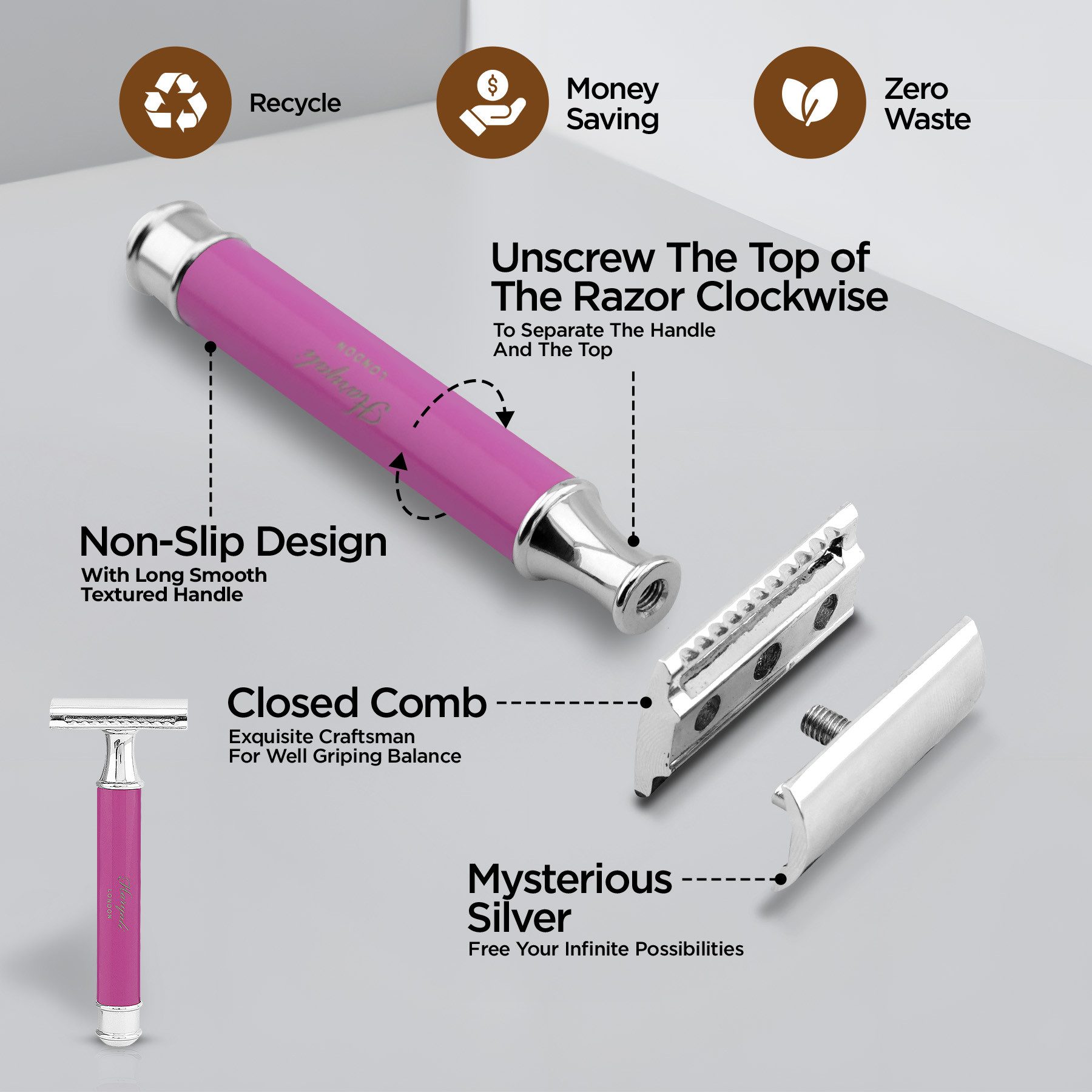 Haryali London Nassrasierer Rasierhobel mit Doppelklinge für Damen und Herren, Metallgriff, rosa, pack, Für alle Klingentypen geeignet, abwaschbar, rutschfester Griff, Abwaschbar, rutschfest, glänzender Metallgriff, bestes Rasierergebnis
