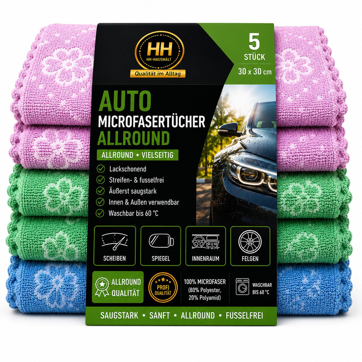 HH-Haushalt Auto Microfasertücher Allround 30 x 30 cm 5er Set Pflegetuch (Polyester, 30x30 cm, CleanPro – Allroundtalent für jede Oberfläche, 5-tlg., Für alle Oberflächen geeignet, farblich sortiert, Sanft, fusselfrei, hohe Schmutzaufnahme, langlebig nutzbar)