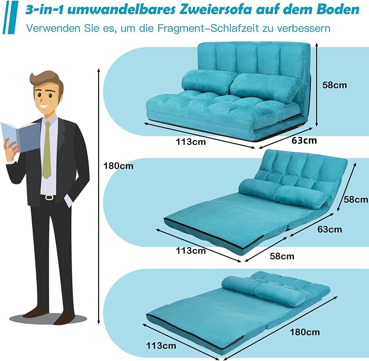 KOMFOTTEU Sofa 2 Sitzer Bodensofa, mit 2 Kissen,3 in 1 Sofabett günstig online kaufen