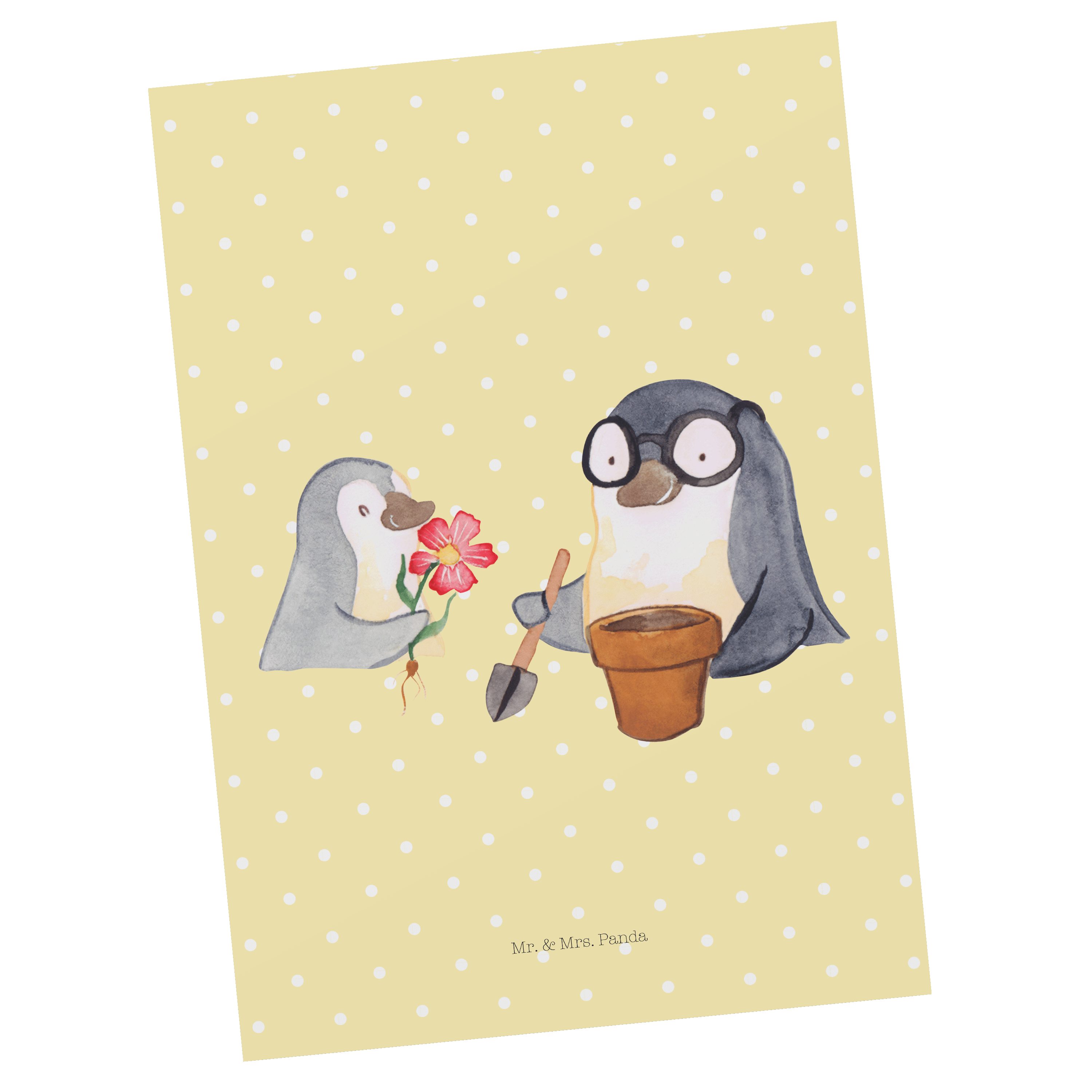 Mr. & Mrs. Panda Postkarte Pinguin Opa Blumen pflanzen - Gelb Pastell - Geschenk, Ansichtskarte