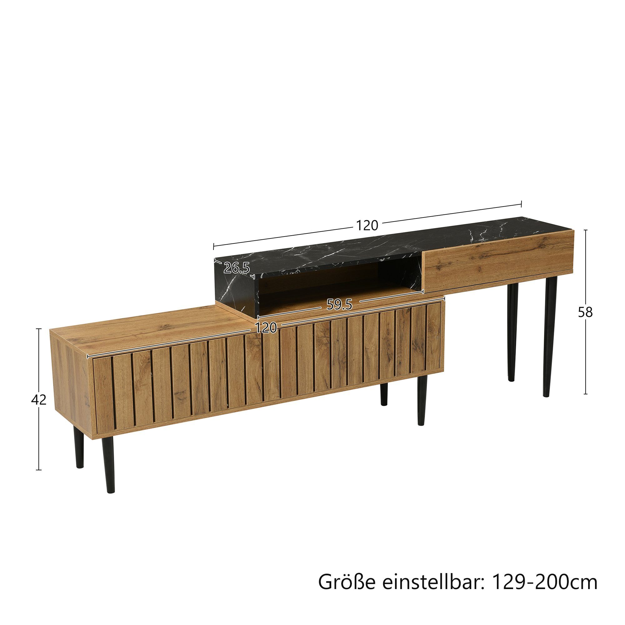 Merax Lowboard mit Tischplatte in Marmoroptik und Metallbeine, TV-Schrank stapelbar,TV-Board Länge verstellbar,Bis 200cm