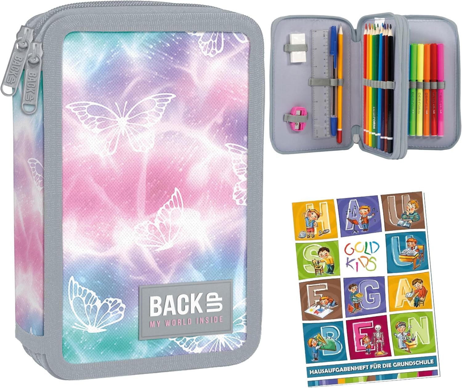 GOLDKIDS Federmäppchen 2 Fächer - Mäppchen für Mädchen - Federmappe, (2-Fach Federtasche Gefüllte Schüleretui, 1-tlg., 32-teilig - Schulmäppchen und), Hausaufgabenheft