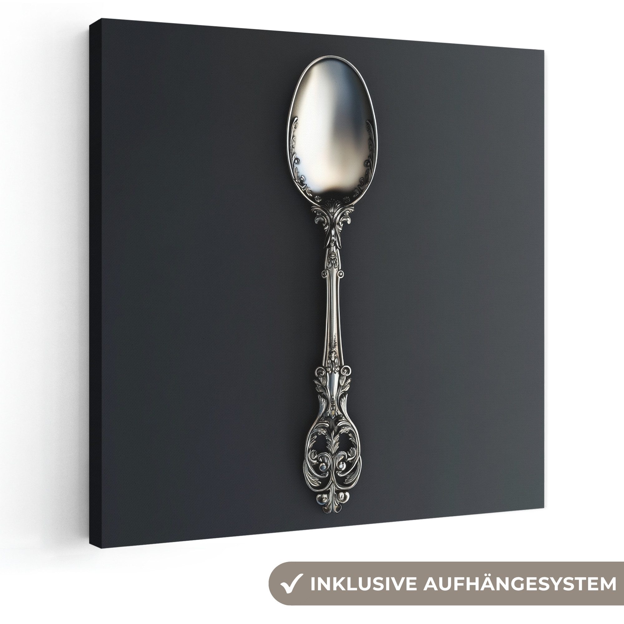 OneMillionCanvasses® Leinwandbild Löffel - Silber - Metall - Küche, Fotodruck (1 St), Wandbild, Deko Schlafzimmer Wohnzimmer Flur 20x20 cm
