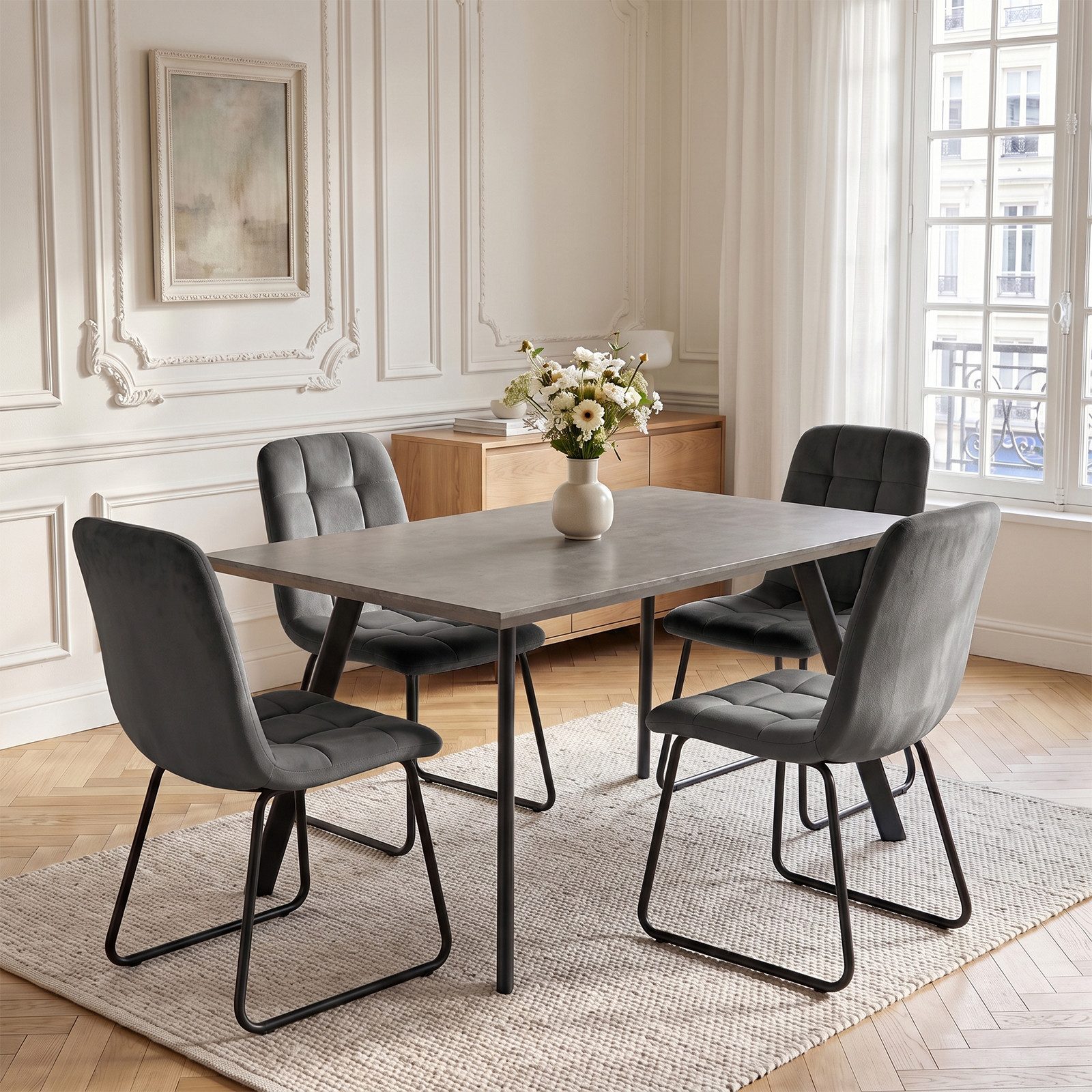 Jiexi Essgruppe Essgruppe fest 120x73 MDF Grau Tisch Set mit Flanell Stühlen