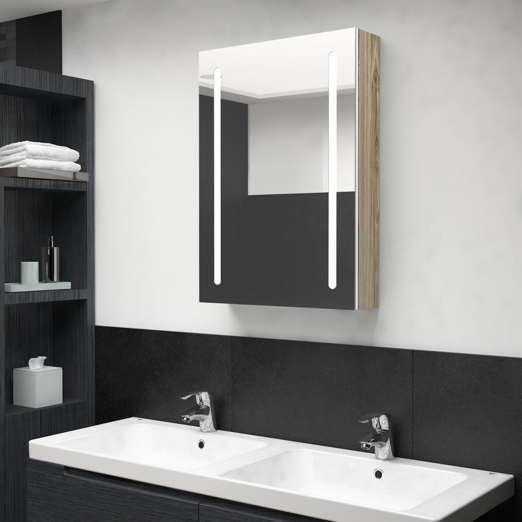 Spiegel LED Bad Spiegelschrank Weiß und Eiche-Optik 50x13x70 cm Badezimmer LED