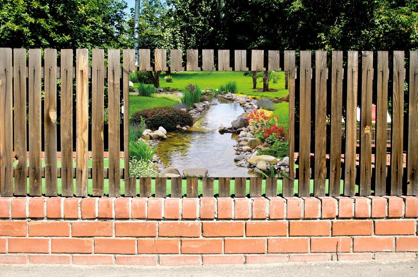 Wallario Sichtschutzzaunmatten Blumen am Teich