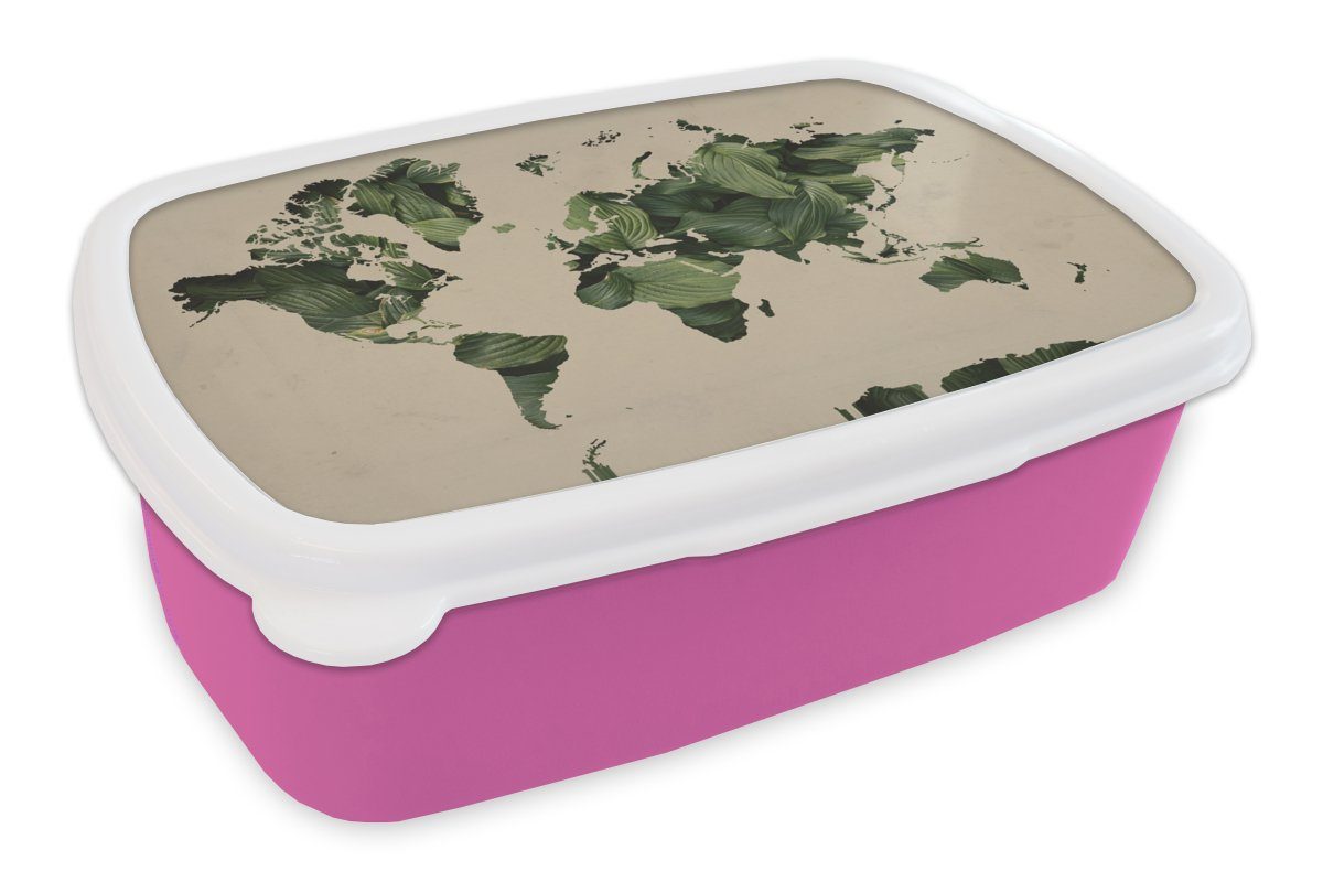 MuchoWow Lunchbox Weltkarte - Blätter - Grün, Kunststoff, (2-tlg), Brotbox für Erwachsene, Brotdose Kinder, Snackbox, Mädchen, Kunststoff rosa