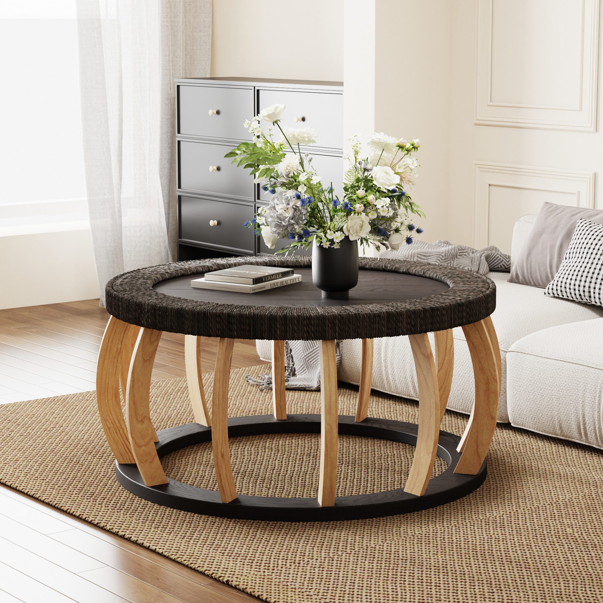 Celya Couchtisch Runder Couchtisch aus Massivholz mit geschwungenen Beinen Rund 90 cm (Rattan Wohnzimmertisch,im Bohème-Stil,50 kg Tragfähigkeit), Beistelltisch für Wohnzimmer, Esszimmer und Küche,Schwarz