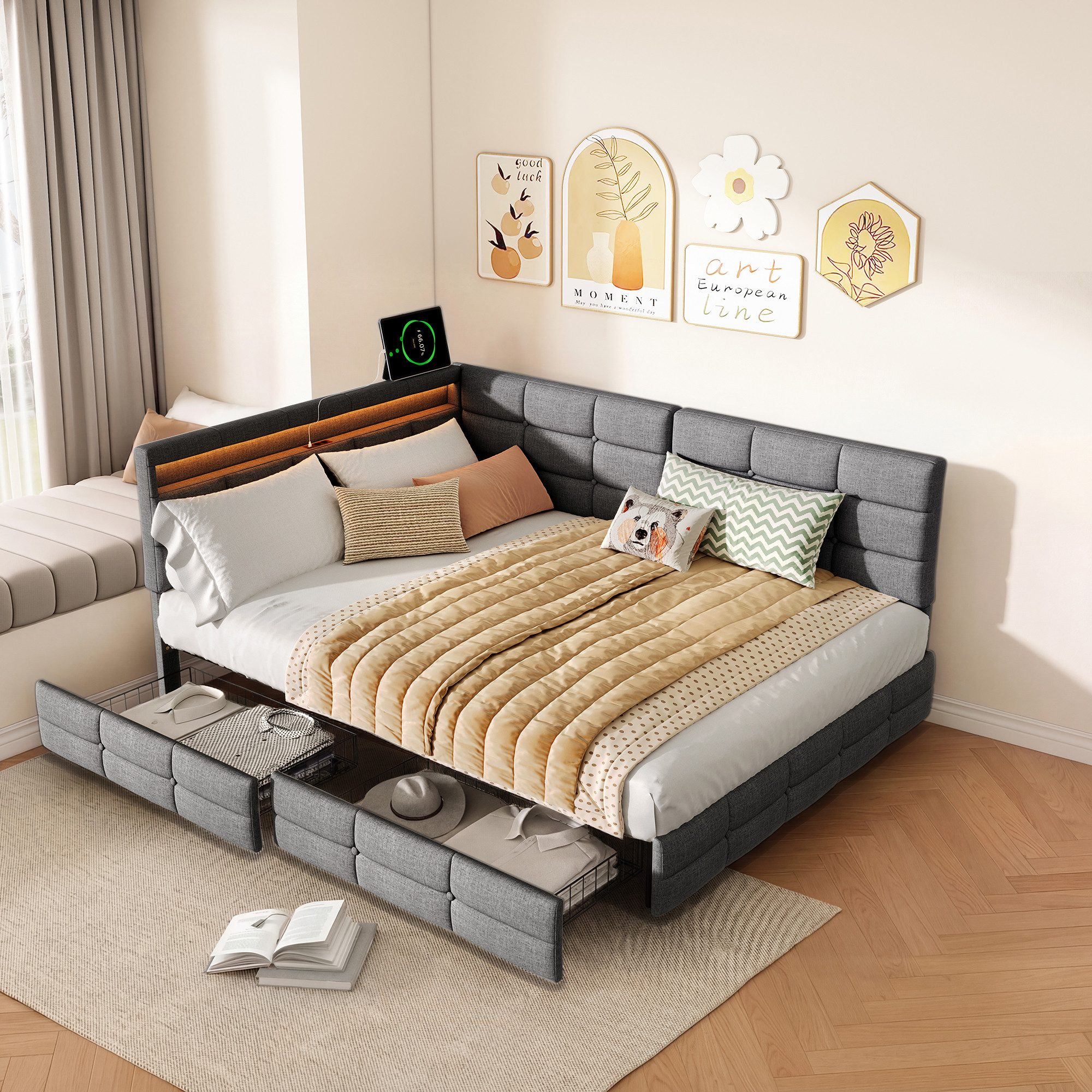 Gdood Polsterbett Daybett Jugendbett Tagesbett (1-tlg., 2 Schubladen, Geeignet für Jungen und Mädchen), Mit LED-Beleuchtung, Ladefunktion, Leinen, 140x200 cm