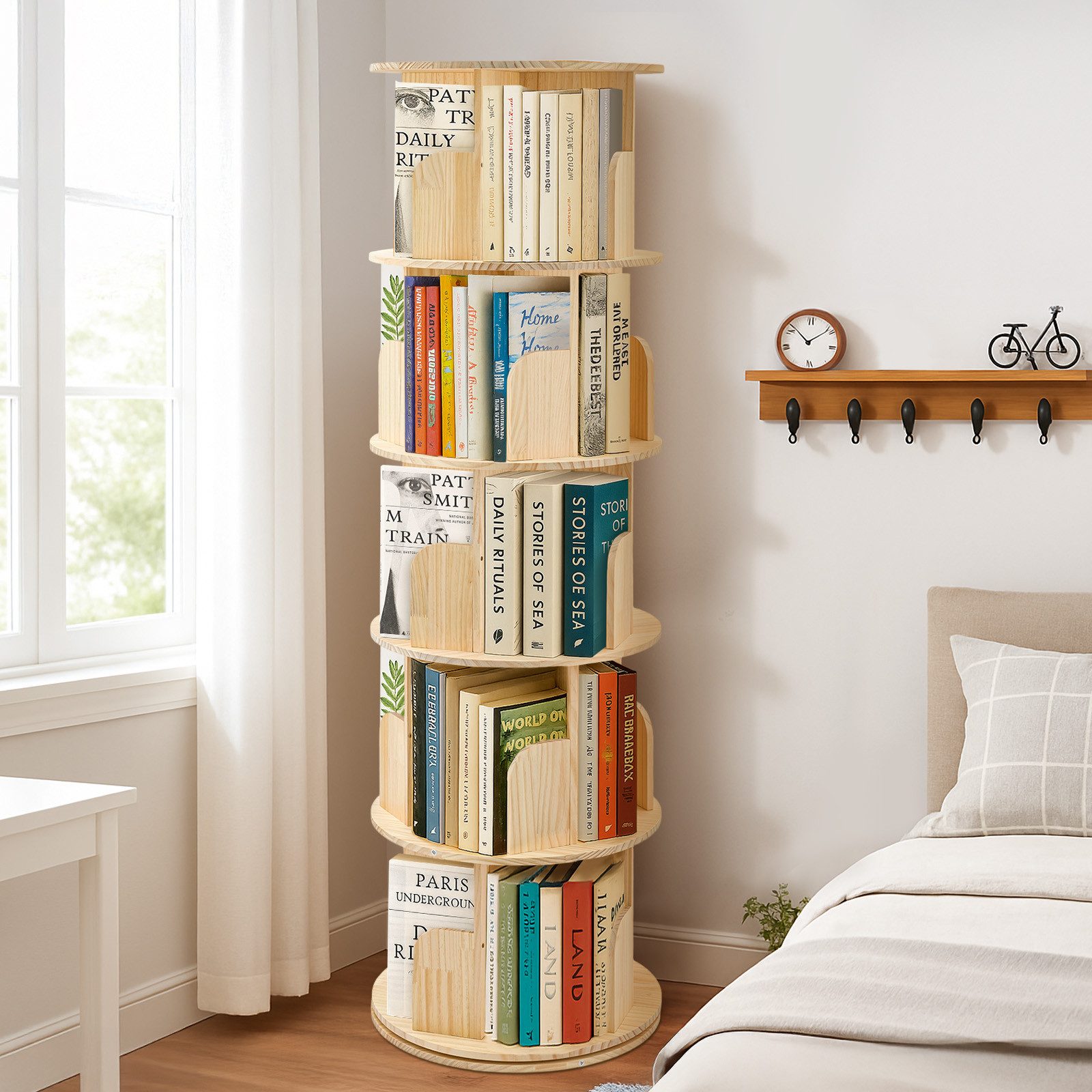 Youyijia Bücherregal 3/4/5-stöckig, Drehregal aus Kiefernholz Naturholzfarbe – Bild 4 von 4