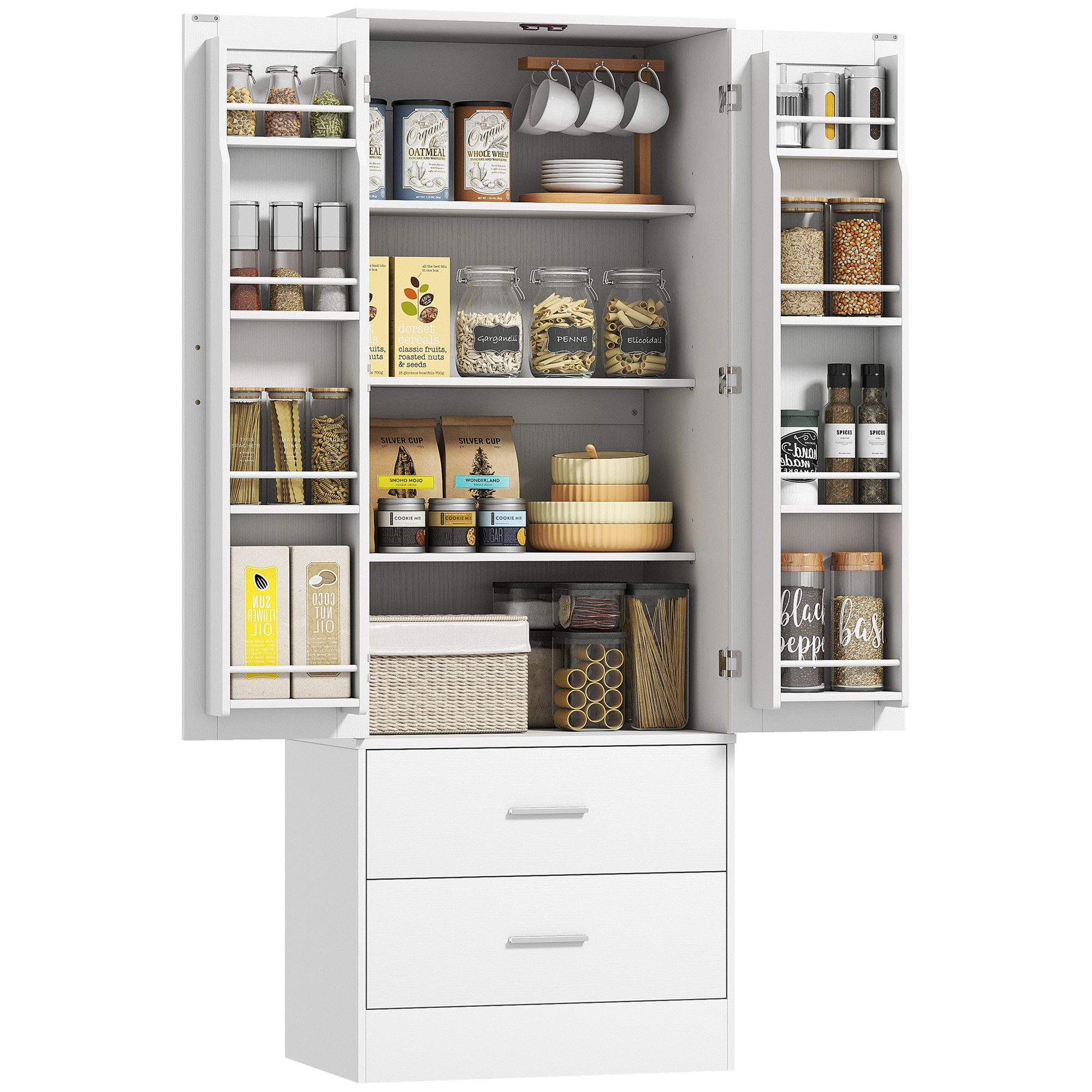 HOMCOM Küchenbuffet verstellbare Regale, 2 Schublade (Hochschrank, 1-St., Buffetschrank) für Küche, Esszimmer, Weiß