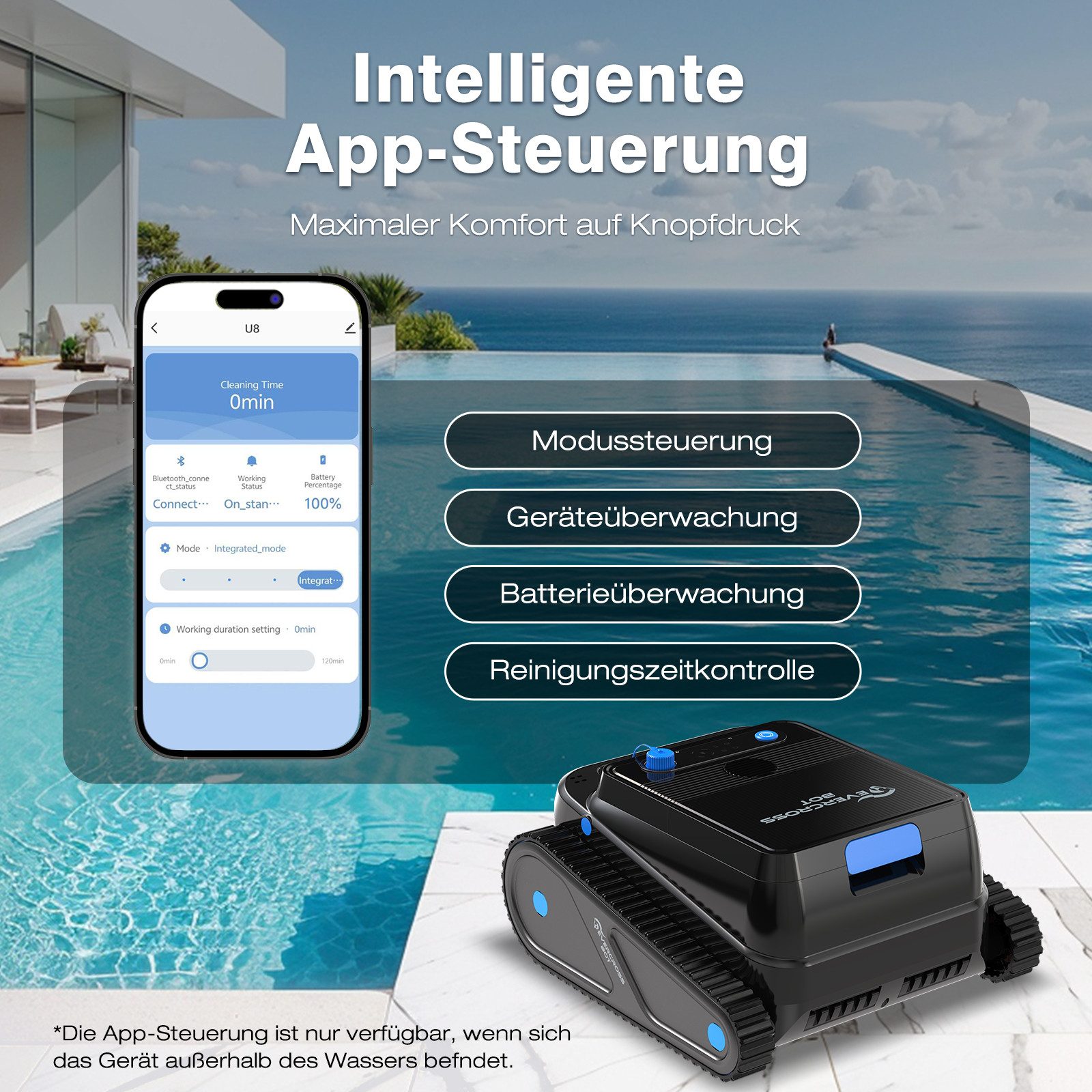 EVERCROSS BOT Poolroboter U8 für Boden und Wand, Kabellos Poolsauger bis 200m² Pools, 120 Min Akkulaufzeit, Intelligenter Navigation, mit App-Steuerung