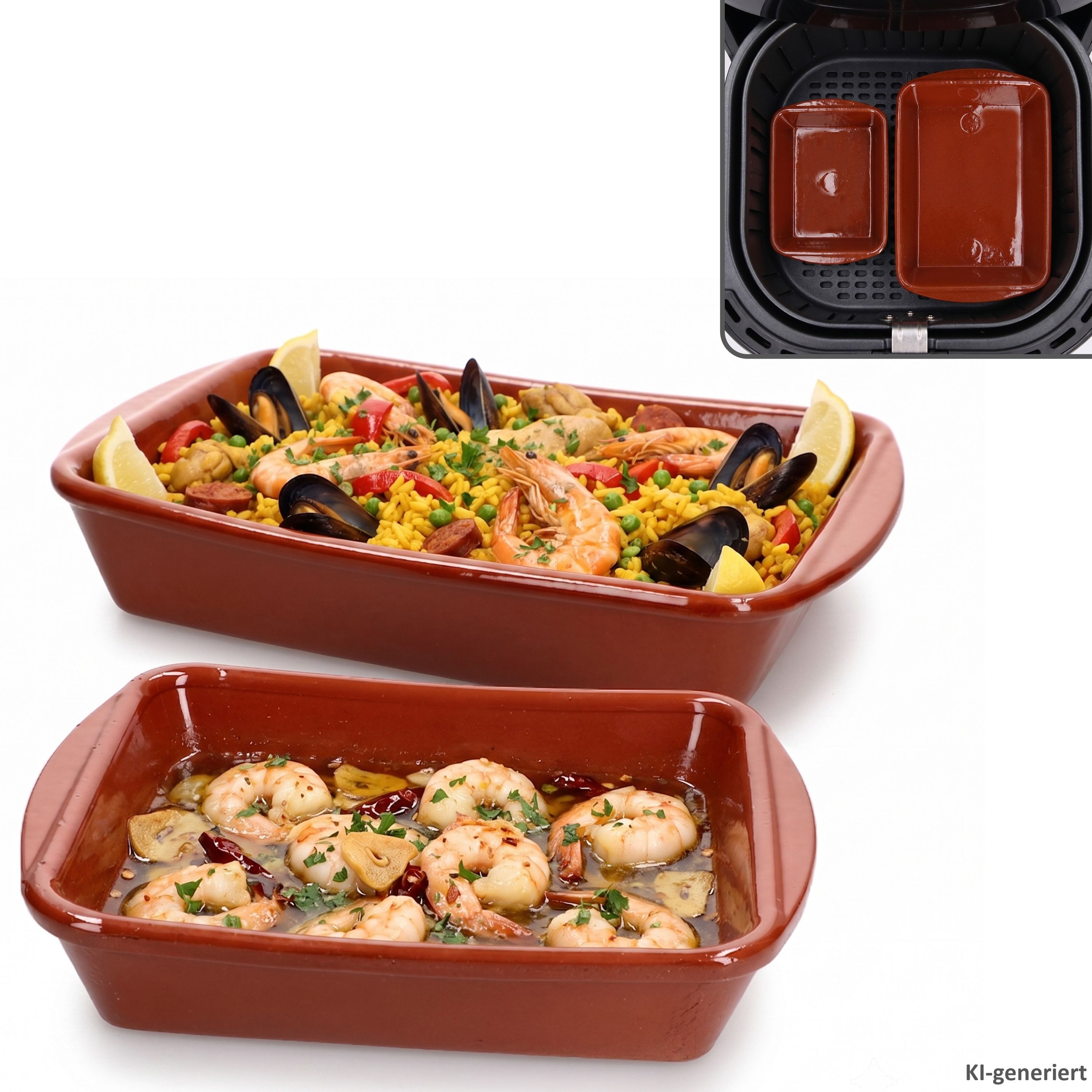 MamboCat Auflaufform 2er Set ECKI M & L Airfryer Tonschalen 350ml & 1L rechteckig Ofenform, Keramik