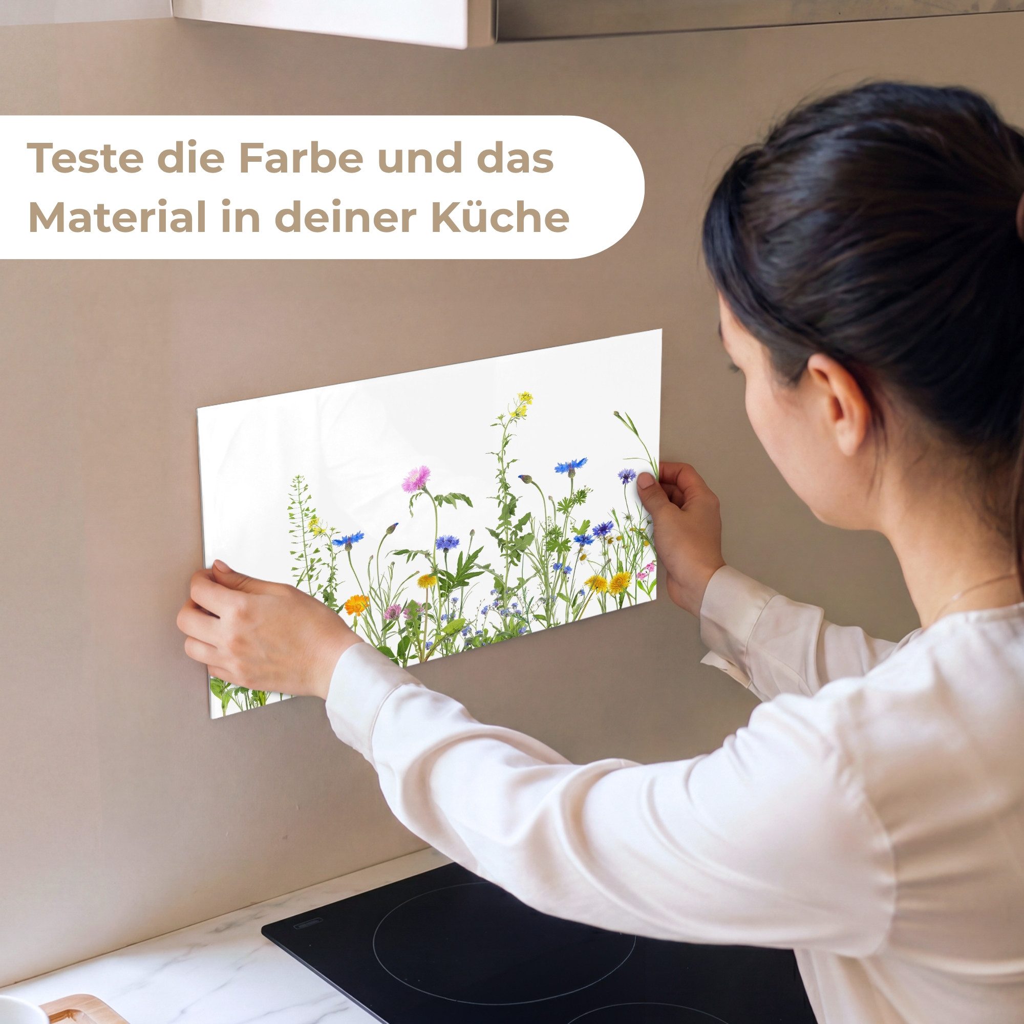 KitchenYeah Küchenrückwand Muster selbstklebend (keine Folie) Blumen - Feldblumen - Frühling, (1-tlg), Spritzschutz, Küche, Rückwand, Küchenwand, Küchenfront, 30x20 cm