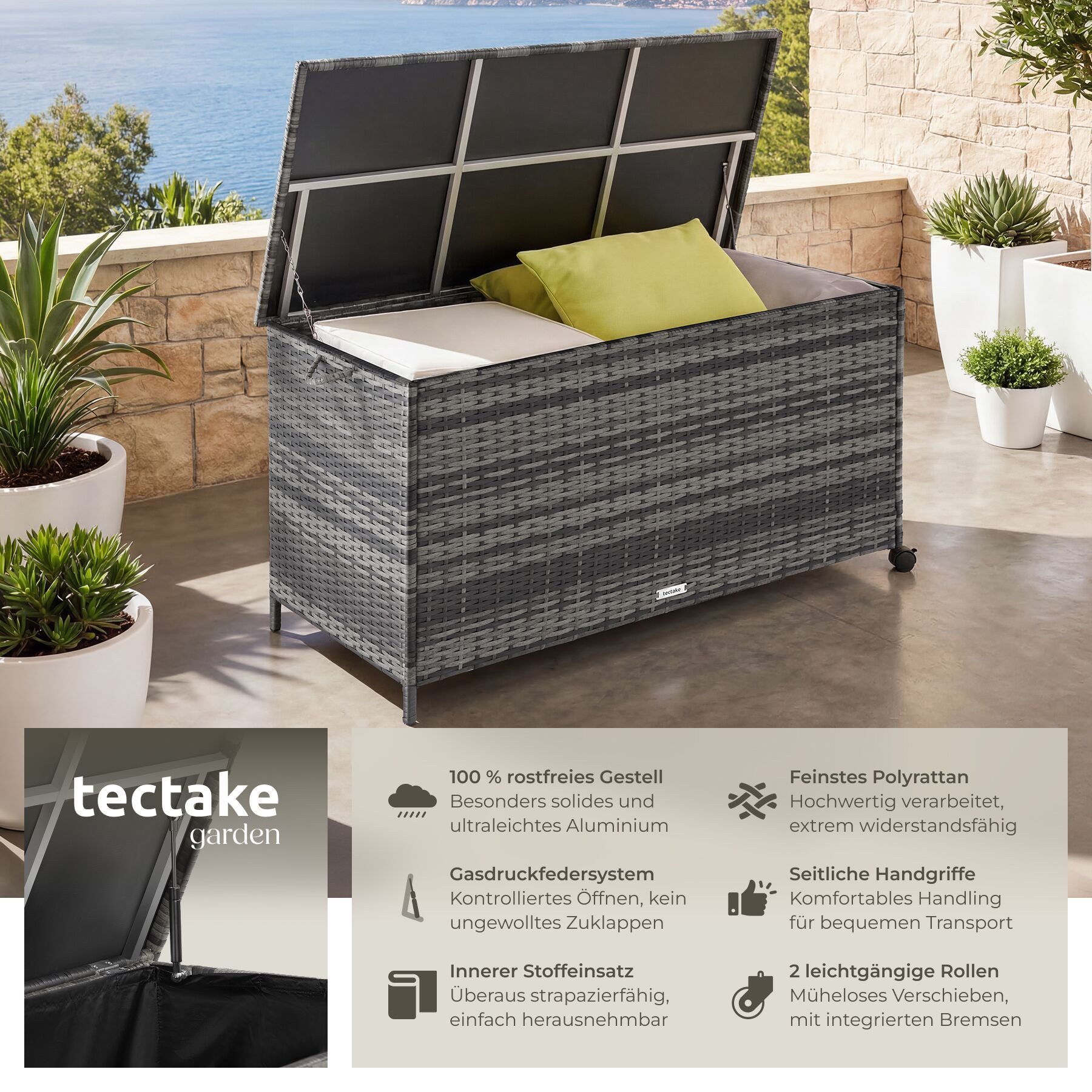 tectake Gartenbox Kissenbox mit 253 l Volumen, Aluminium, Rollen, Rattan, Hubautomatik (Rattanbox Kuusamo, in Grau), herausnehmbare Innenverkleidung für flexible Nutzung