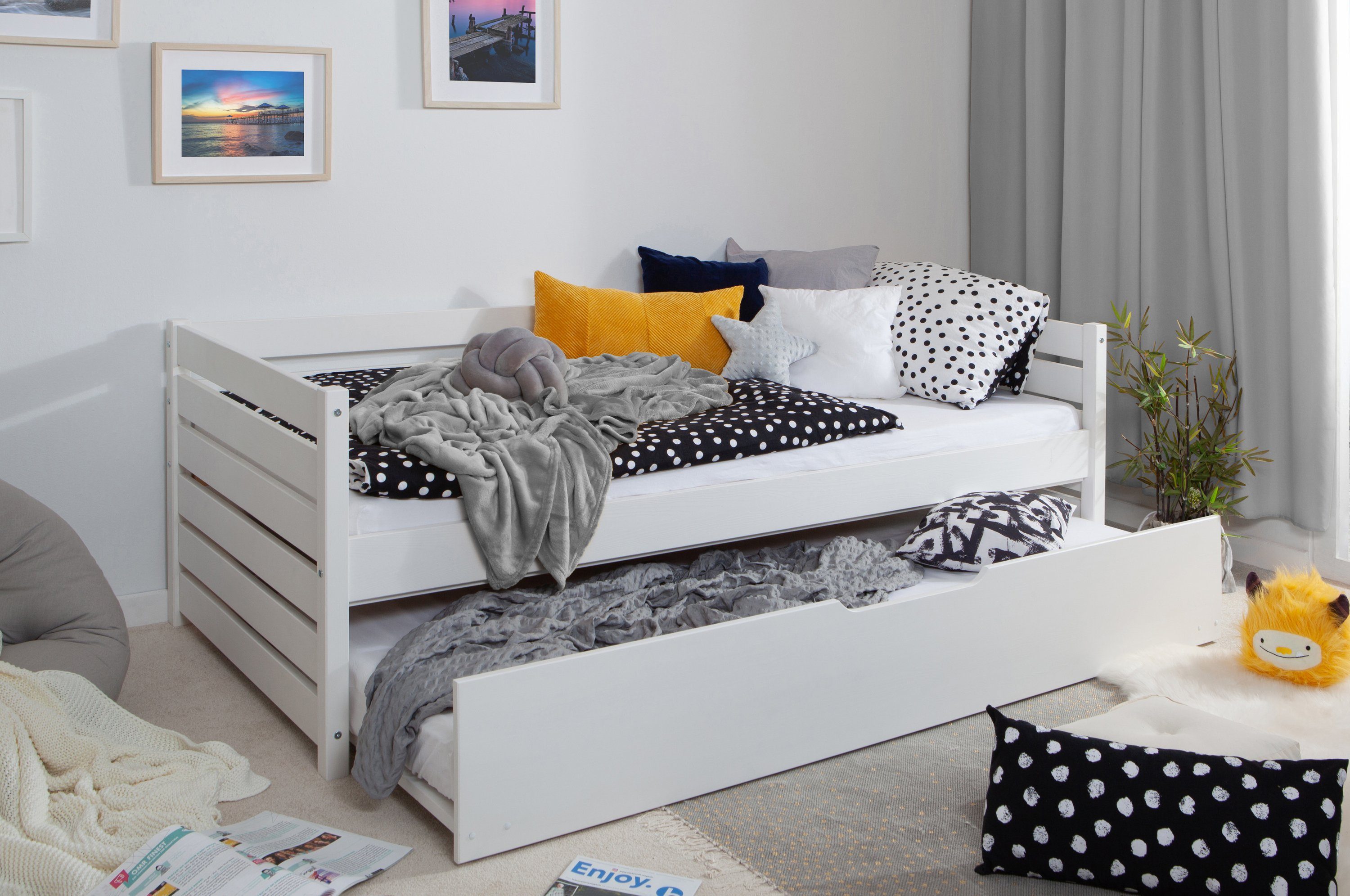 Ticaa Bettgestell Sofabett Naomi inkl. Ausziehbett, 120x200, Weiß