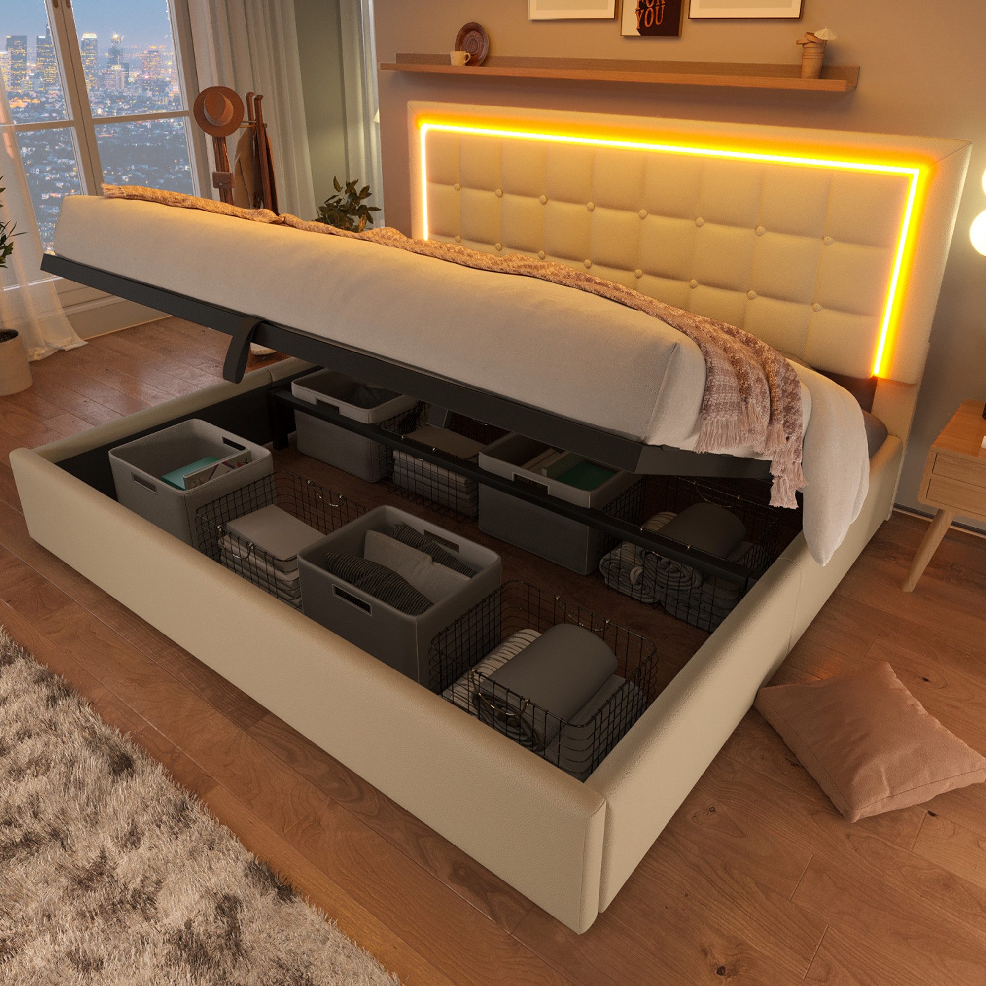 Flieks Stauraumbett (1-tlg), LED-Beleuchtung Kunstleder Doppelbett 140x200cm