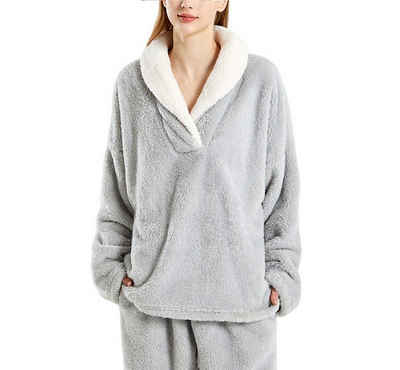 RUZU UG Schlafanzug Damen Hausanzug Langarm Loungewear Pyjama Verdickte warme Heimkleidung