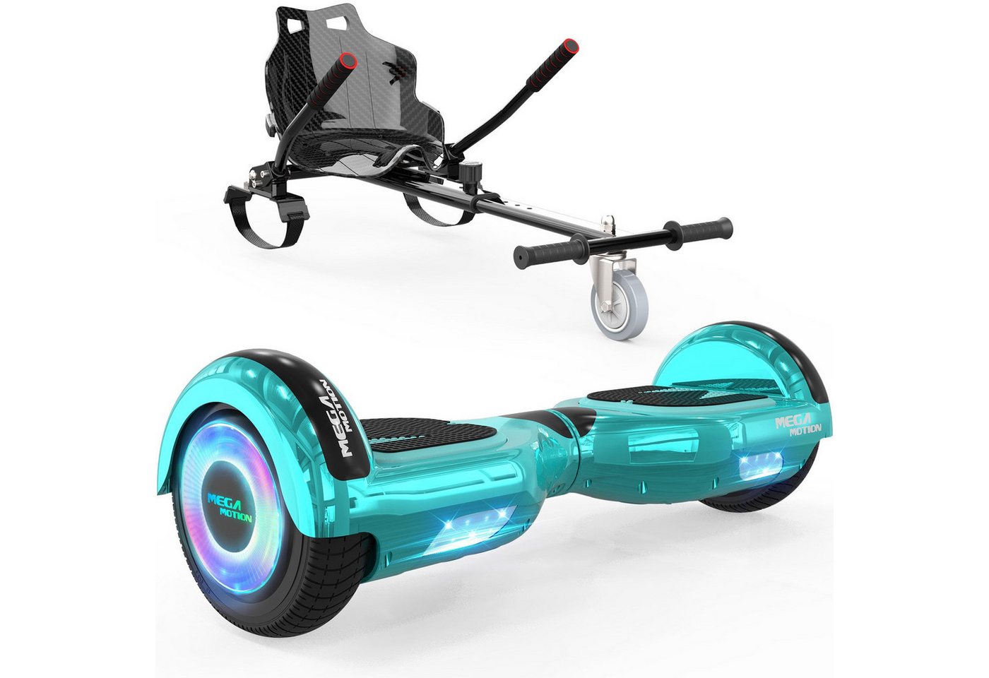 Mega Motion Balance Scooter 6.5 Zoll Hoverboards mit Sitz Hoverkart und Bluetooth und LED-Licht, 15 km/h, mit einem Go-Kart, Geschenk für Kinder und Jugendliche