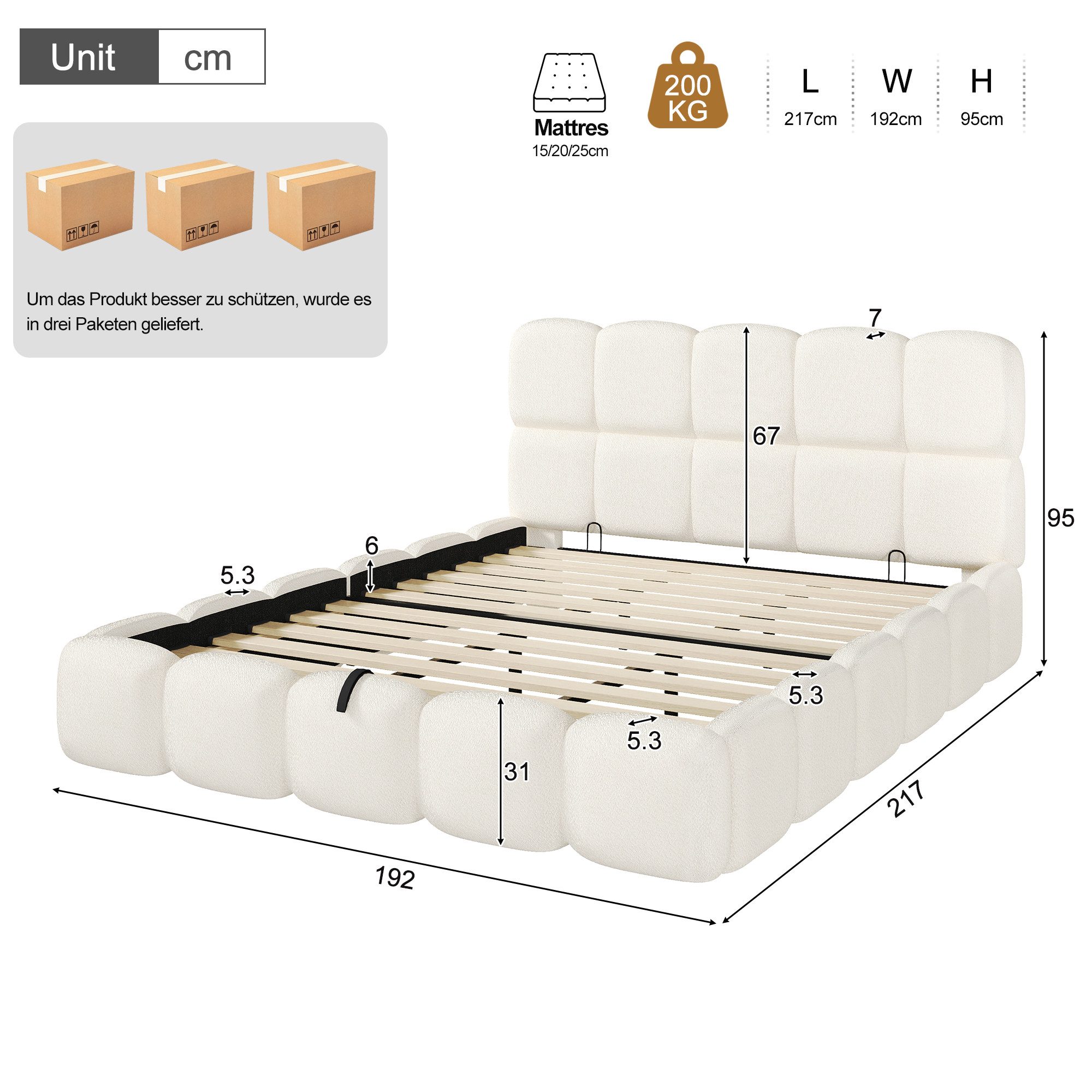 REDOM Polsterbett Funktionsbett mit Lattenrost & gepolstertem Kopfteil (Packung, mit großem Bettkasten und Matratze, Weiß, 180x200 cm), moderne Bouclé-Optik, weiche Polsterung