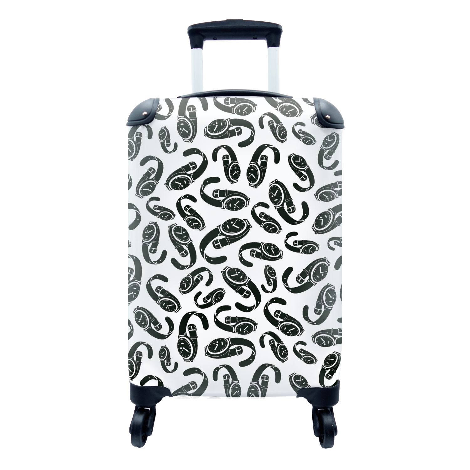 MuchoWow Handgepäckkoffer Uhr - Schwarz und Weiß - Muster, 4 Rollen, Reisetasche mit rollen, Handgepäck für Ferien, Trolley, Reisekoffer