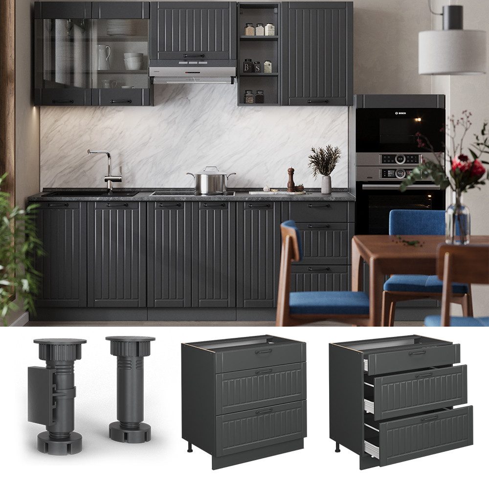 Vicco Unterschrank Fame-Line, Dunkelgrau/Anthrazit, 80 cm mit 3 Schubladen, ohne Arbei... (1-St)