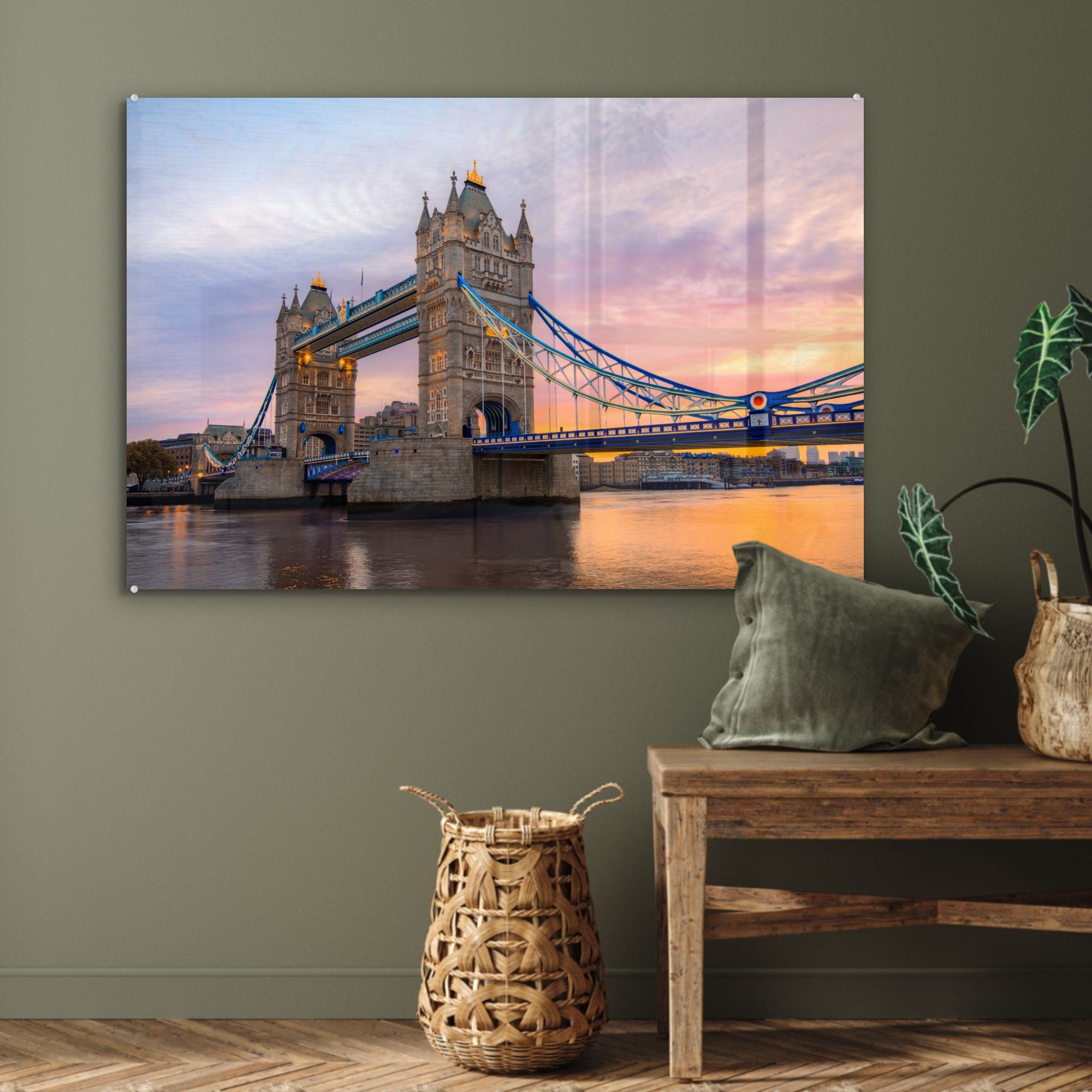 MuchoWow Acrylglasbild Sonnenaufgang in England, Wohnzimmer Acrylglasbilder (1 an der St), Tower Bridge Schlafzimmer &