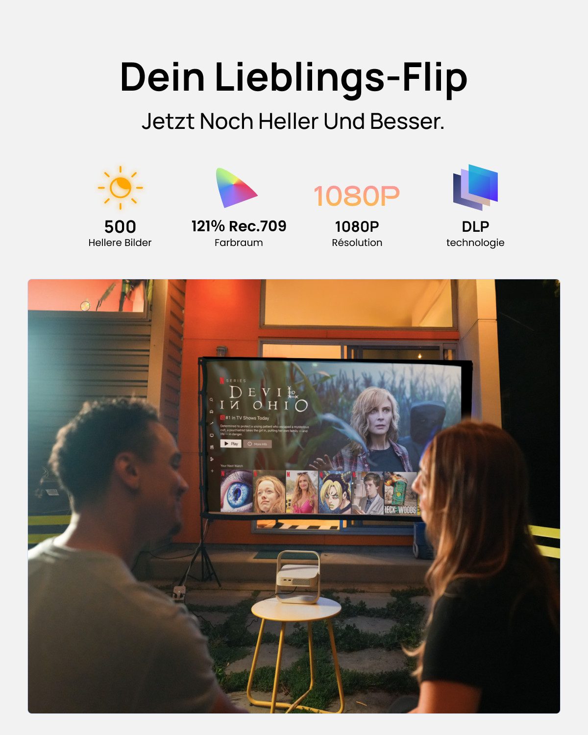 XGIMI XGIMI Elfin Flip Plus Tragbarer Beamer 1080P 150° integrierter Ständer DLP-Beamer (4.000:1 EBL-Kontrastverhältnis, 1920 x1080 (1080P) px, Google TV&Lizenziertes Netflix, ISA-Technologie, 2x 3W Lautsprecher)