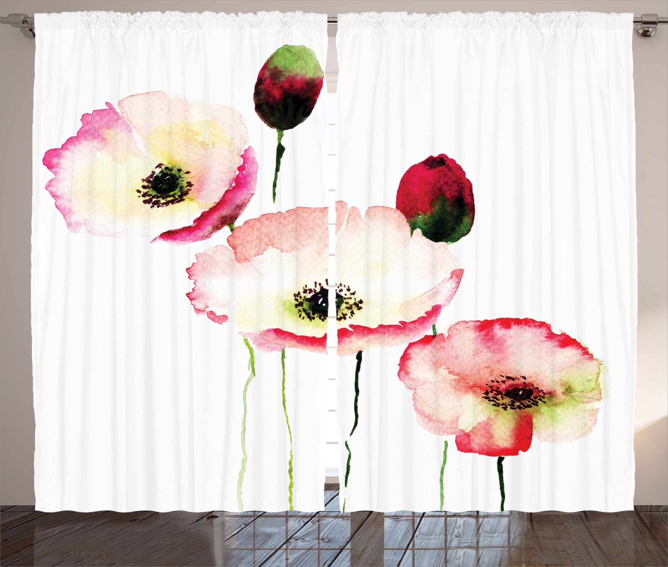 Gardine Schlafzimmer Kräuselband Vorhang mit Schlaufen und Haken, Abakuhaus, Blumen Poppy Vintage-Blüten