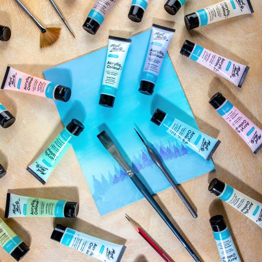Mont Marte Acrylfarbe Pastell Set 12 / 18 / 24 / 48 x 36 ml –Deckkraft & Seidenmattes Finish, Pastellfarben für Leinwand, Karton, Papier, Ton, Holz, Steine uvm. – Bild 5 von 5
