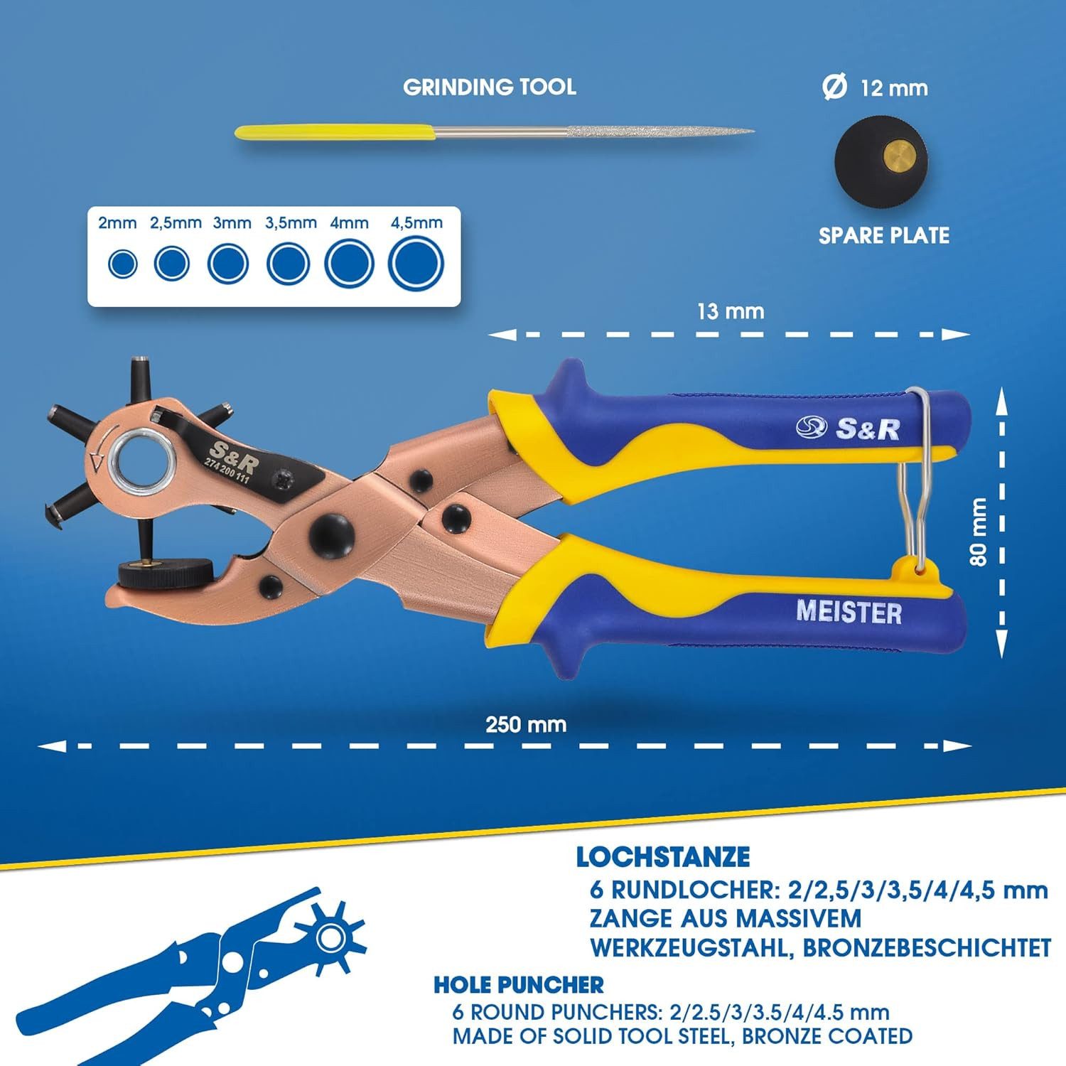 S&R Revolverlochzange Hebel-Revolverlochzange Set, Rund, Lochpfeifen: 2-2,5-3-3,5-4-4,5 mm, Set 1-tlg., + Multitool zum Markieren, Schärfen und Reinigen der Lochpfeifen, für Gürtel, Textil, Schuhe, Uhrenarmbänder, Gurte, Sattel, Karton. etc