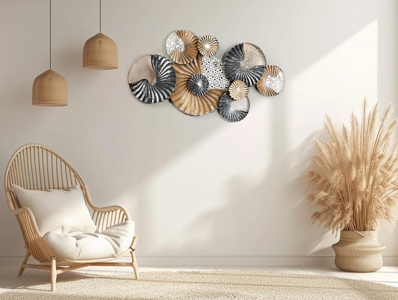 Kobolo Wandbild Metallbild 3D -SHELL- gold anthrazit - 90x48x5 cm, Kreise, verschiedene Strukturen