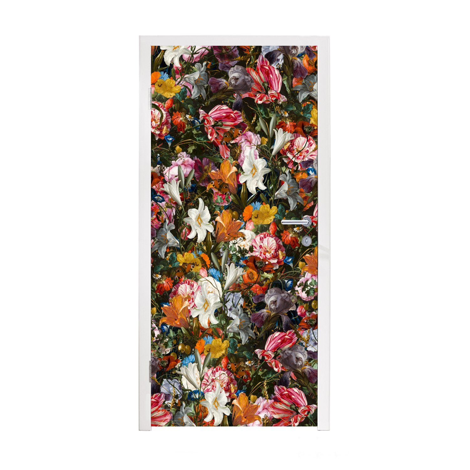 MuchoWow Türtapete Blumen - Schmetterling - Design - Kunst - Abstrakt - Malerei - Alte Me, Matt, bedruckt, (1 St), Selbstklebende Tapete, Folie für Möbel, 75x205 cm