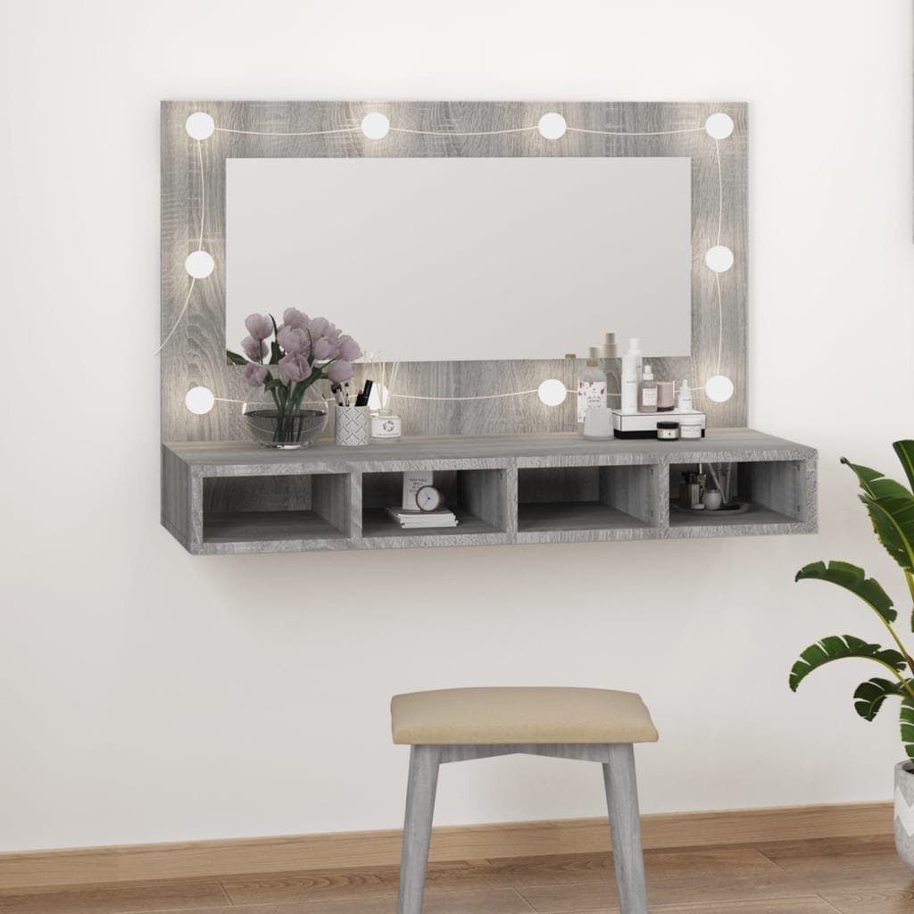 vidaXL Badezimmerspiegelschrank Spiegelschrank mit LED Grau Sonoma 90x31,5x62 cm (1-St)