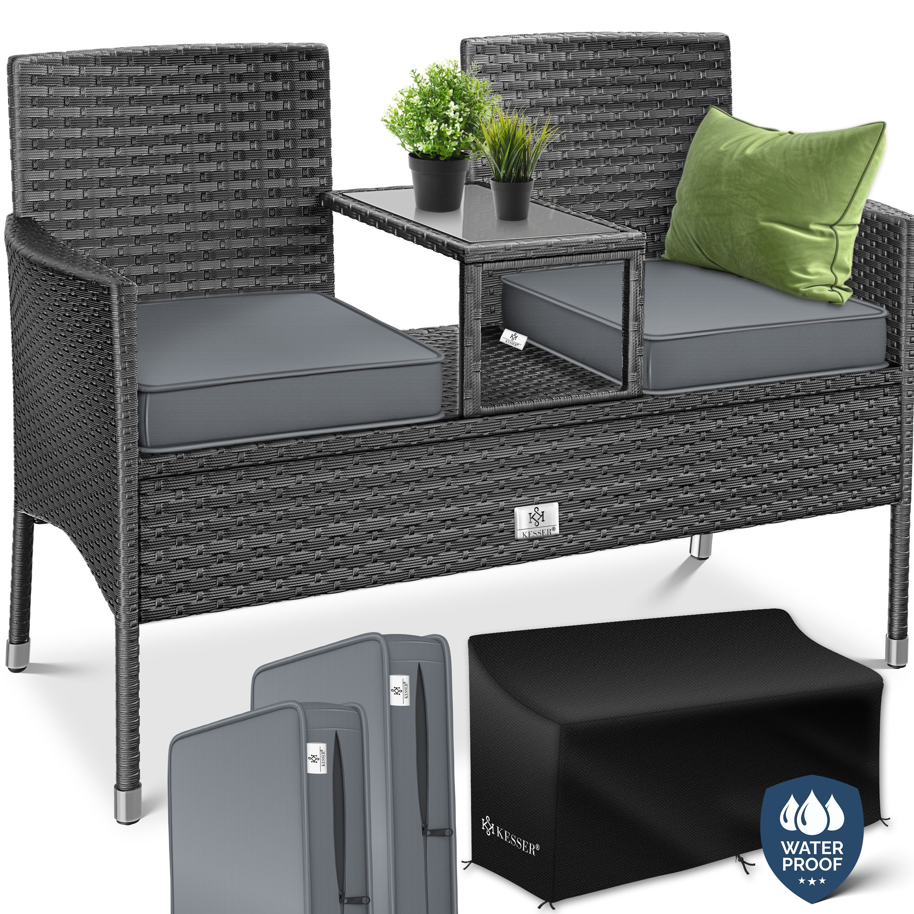 KESSER Gartenbank, Polyrattan Gartenbank 2-Sitzer Bank mit integriertem Tisch