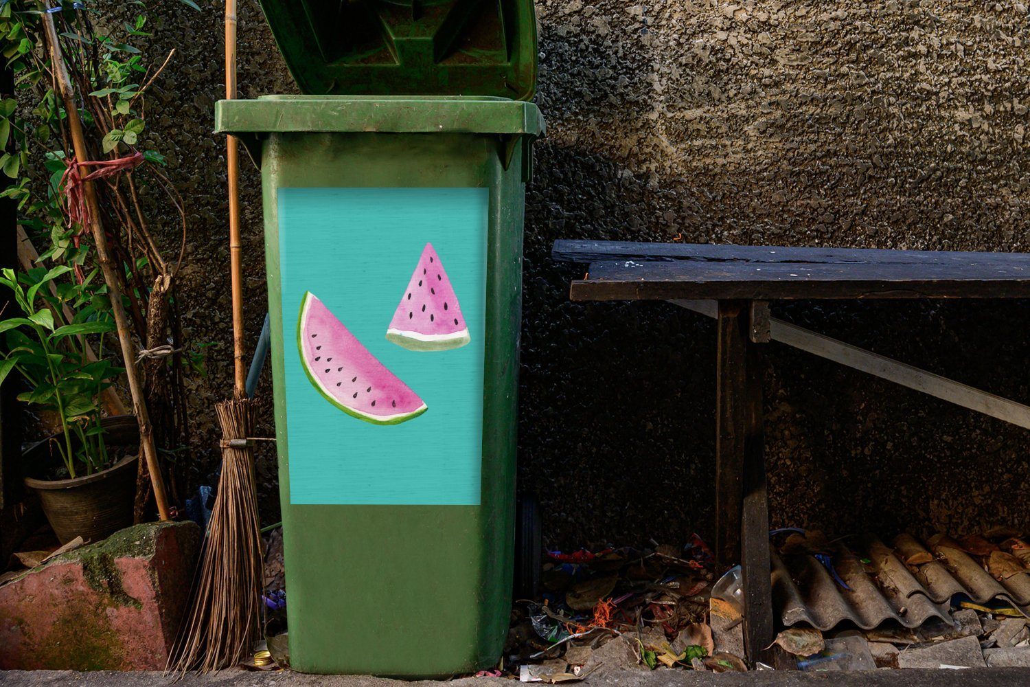 Mülltonne, Aquarell - - (1 Sticker, Abfalbehälter St), Container, Blau Mülleimer-aufkleber, MuchoWow Wassermelone Wandsticker