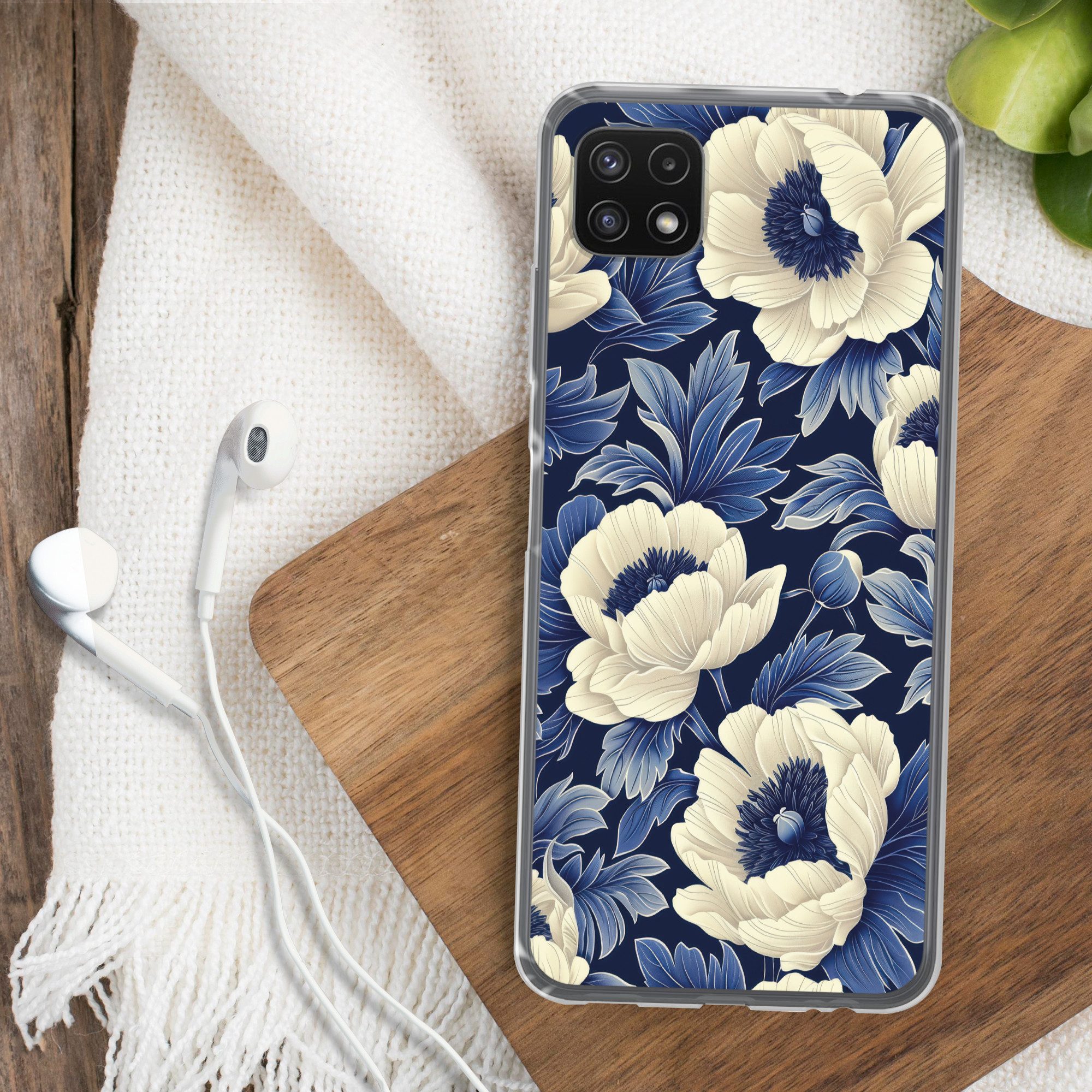 MuchoWow Handyhülle für Samsung Galaxy A22 5G Blumen - Muster - Blau - Weiß, Smartphone-Bumper, Print, Handy Schutzhülle Dünn