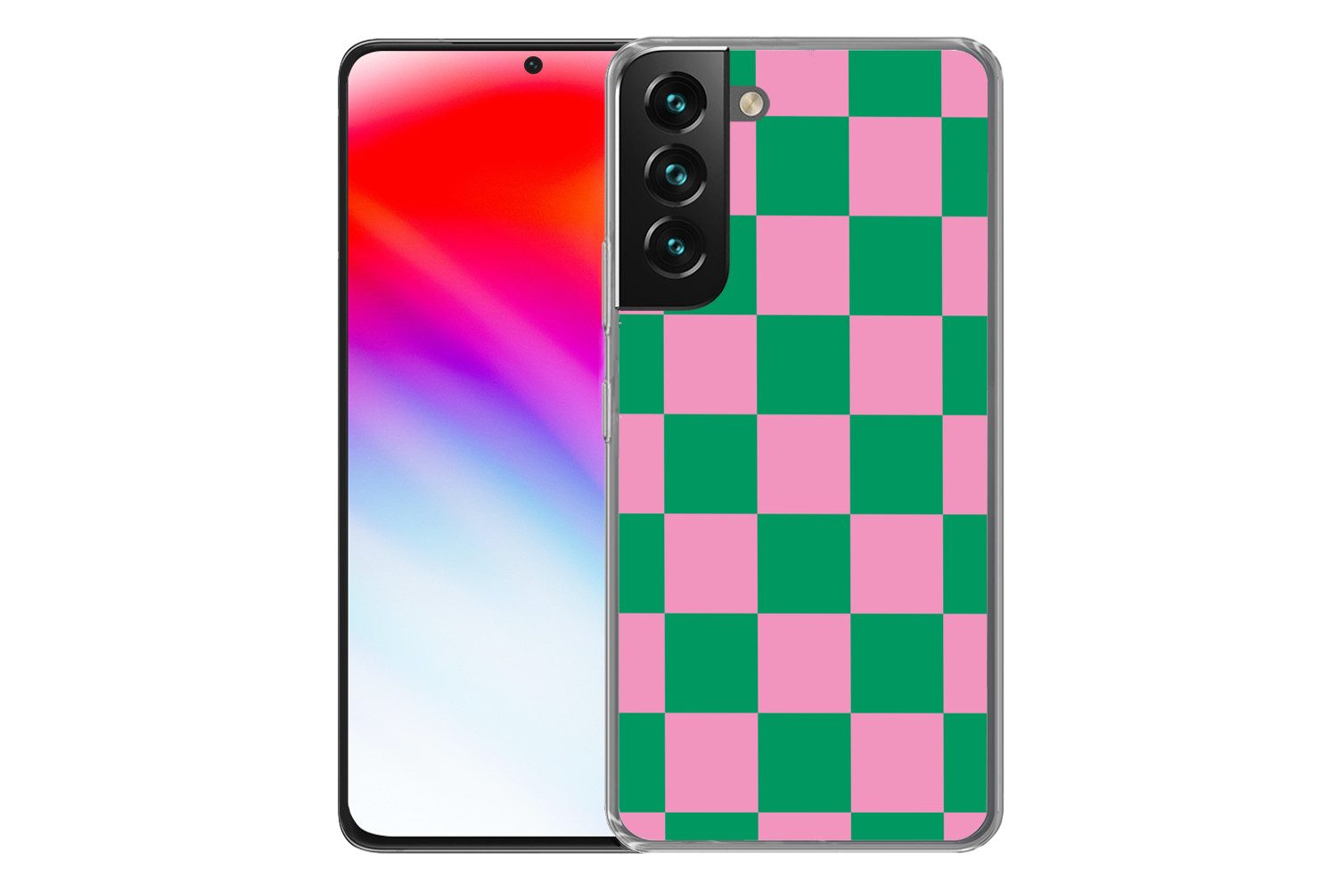 MuchoWow Handyhülle für Samsung Galaxy S22 Plus Schachbrettmuster - Grün - Rosa - Würfel, Phone Case, Silikon, Schutzhülle Dünn