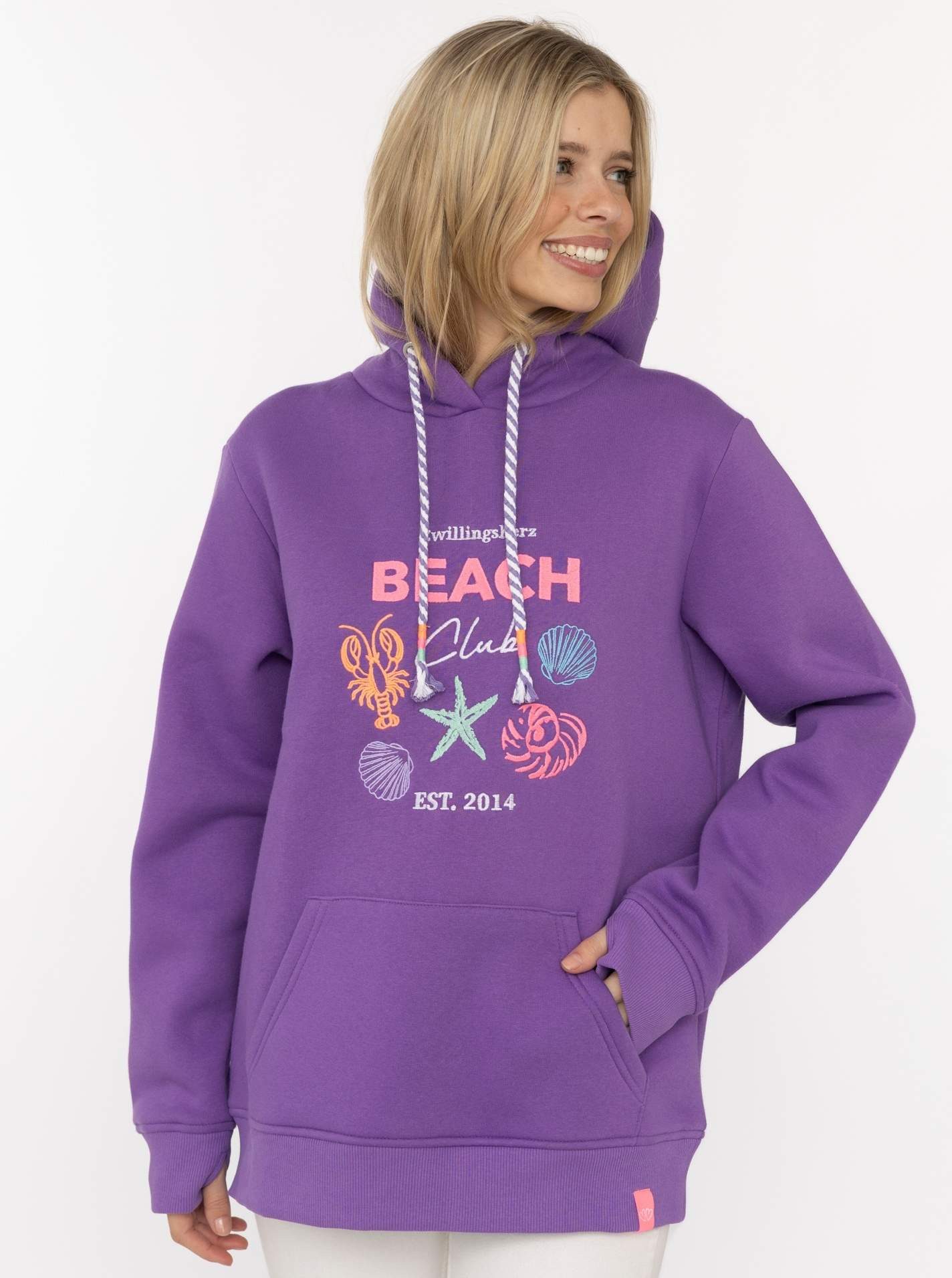 Zwillingsherz Hoodie "Beach Club" Muschel-Motiv, Kapuze mit bunter Kordel, Kängurutasche