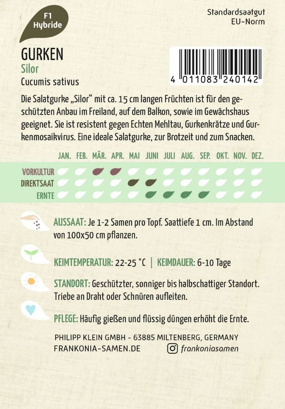 FRANKONIA Gemüsesamen Gurke, Silor F1 - Gurken-Samen Saatgut Samen, Cucumis sativus