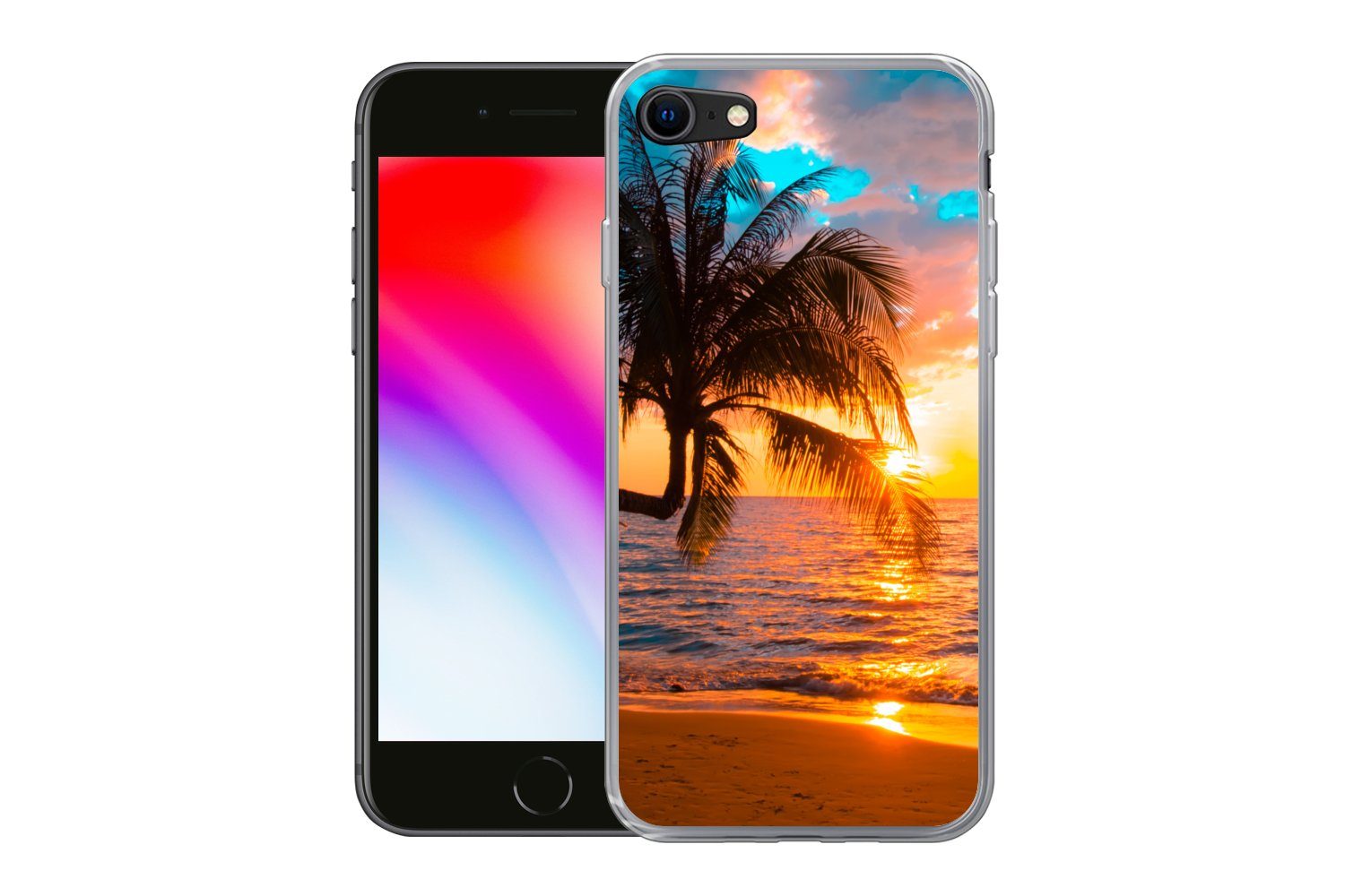 MuchoWow Handyhülle für Apple iPhone 7 Palme - Sonnenuntergang - Horizont - Strand - Meer, Smartphone-Bumper, Print, Handy Schutzhülle Dünn