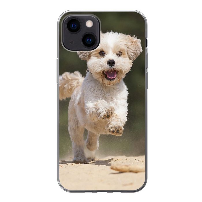 MuchoWow Handyhülle Ein Shih Tzu Hund hüpft durch den gelben Sand Handyhülle Apple iPhone 13 Mini Smartphone-Bumper Print Handy