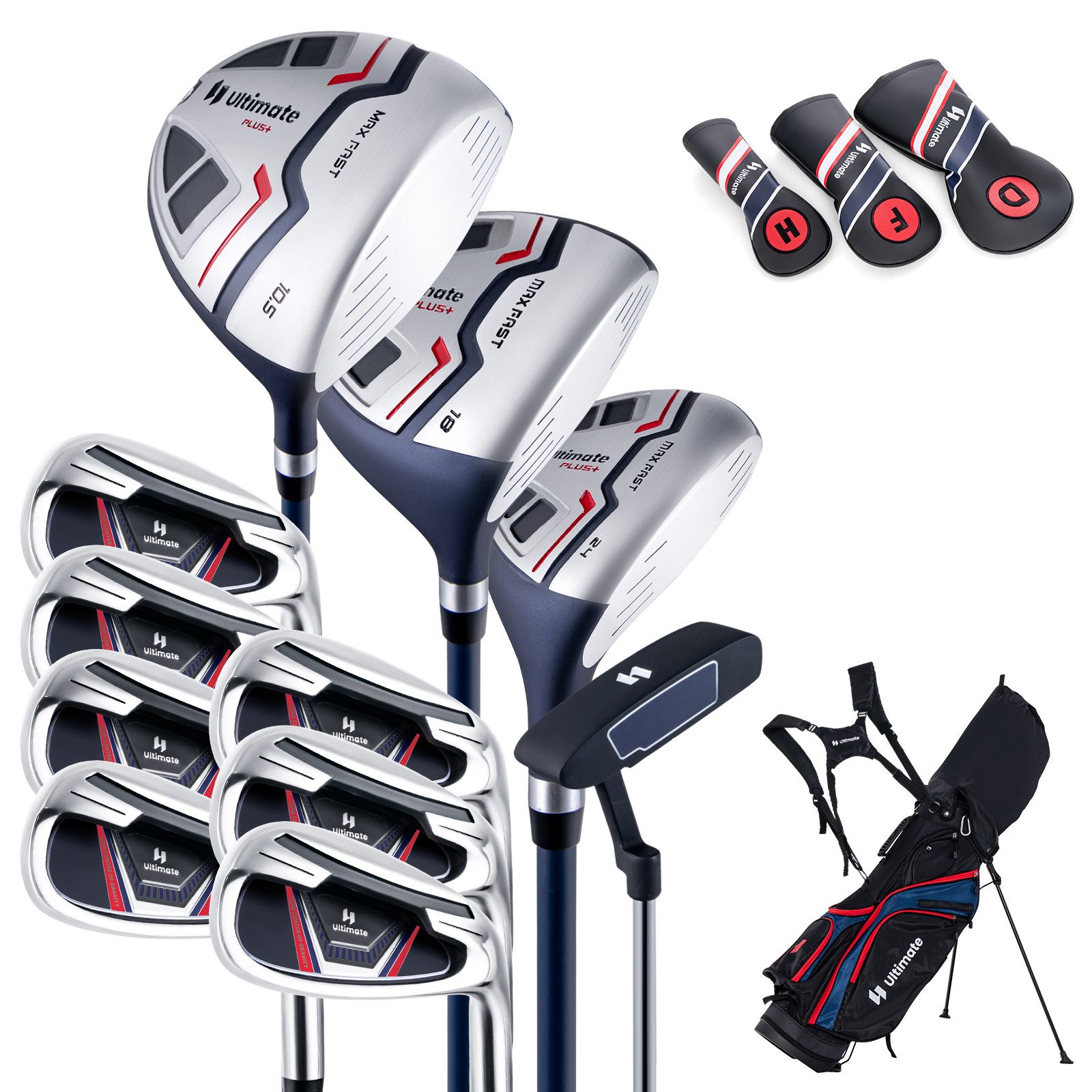 COSTWAY Golfschläger + Golfbag, 11-tlg., Golfschläger Komplettset für rechtshändig, Herren