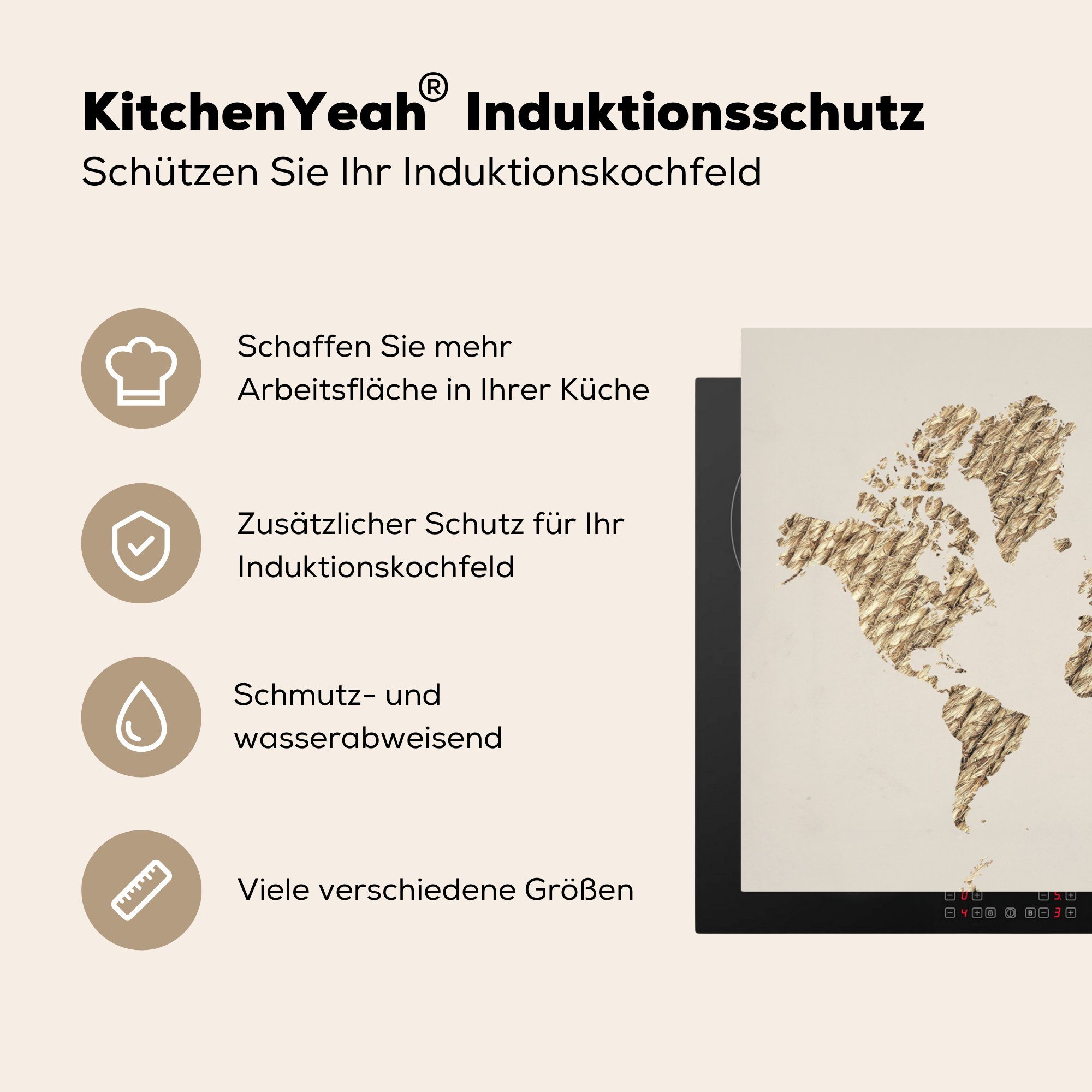Vinyl, 71x52 Herdblende-/Abdeckplatte die Schutz Weltkarte Seil Beige, - MuchoWow tlg), (1 küche, Ceranfeldabdeckung für Induktionskochfeld - cm,
