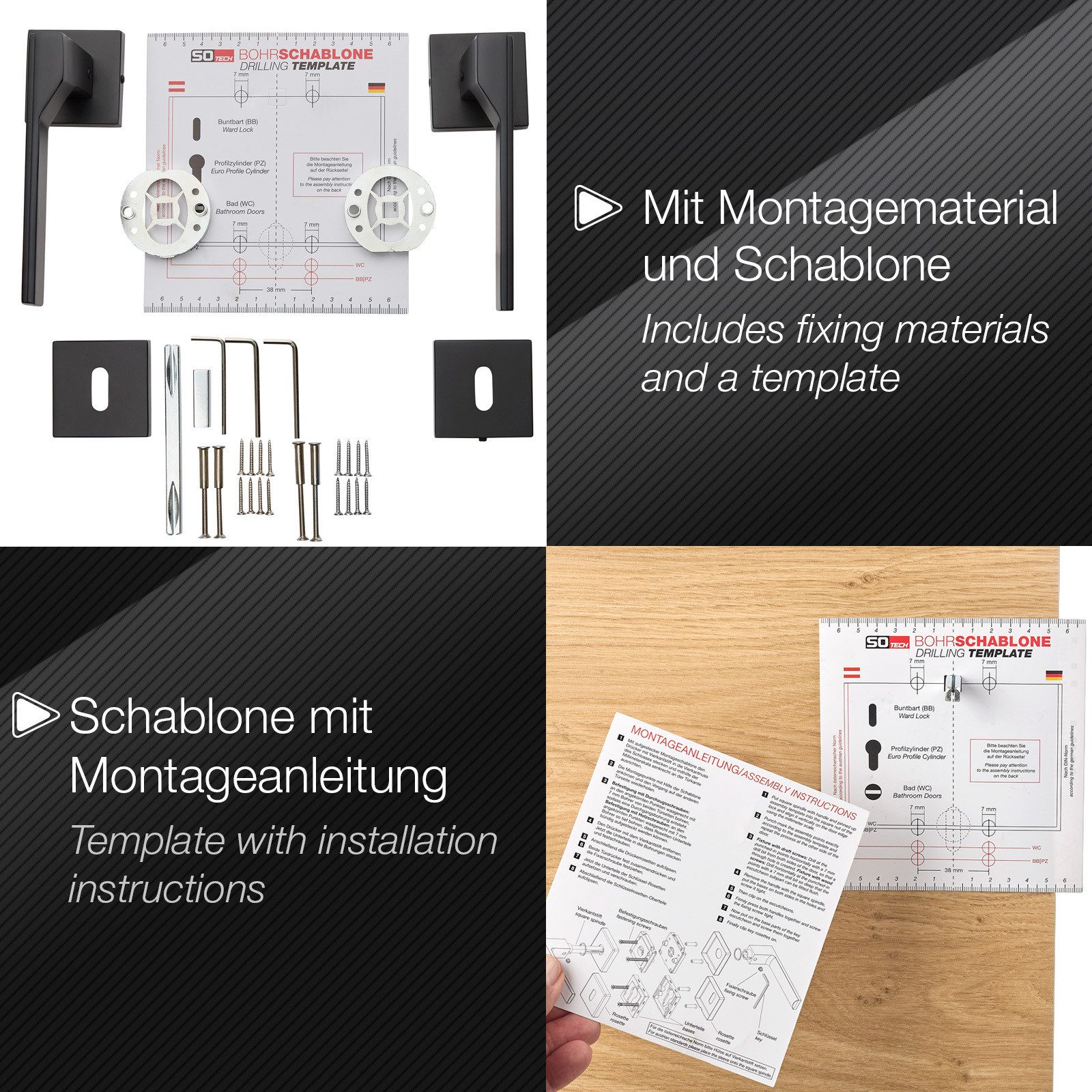 SO-TECH® Drückergarnitur Türdrücker HENRIK Aluguss schwarz inkl. Befestigungsmaterial, Spar-Set, 1-tlg., mit Papier-Bohrschablone, mit BB-Rosetten - Buntbart fü – Bild 4 von 5