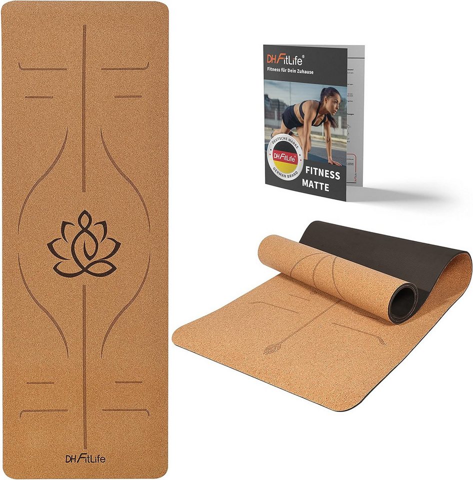 DH FitLife Yogamatte aus hochwertigem Kork & TPE, Gymnastikmatte 183 x 61 x 0,6 cm (naturfreundliche und rutschfeste Fitnessmatte, Korkmatte dicker mit Orientierungslinien), hautverträglich, leicht und tragbar